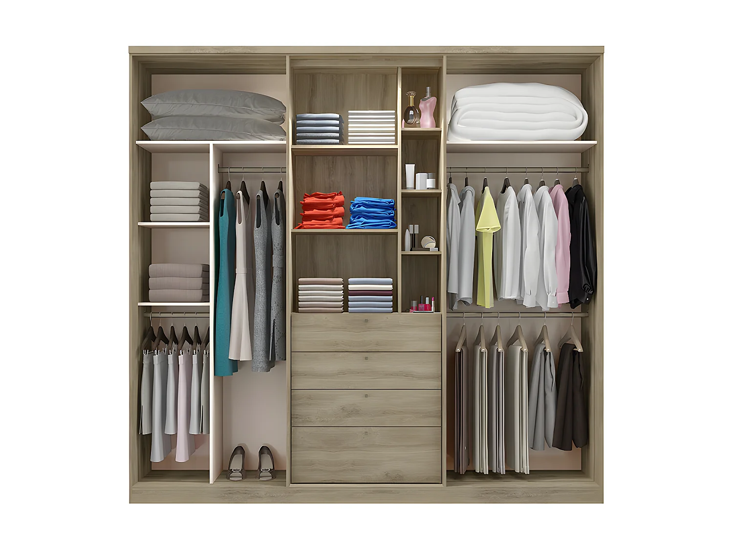 Kledingkast ISAK - 4 deuren - Spiegel en laden - L240 cm - Eiken en ivoorkleur