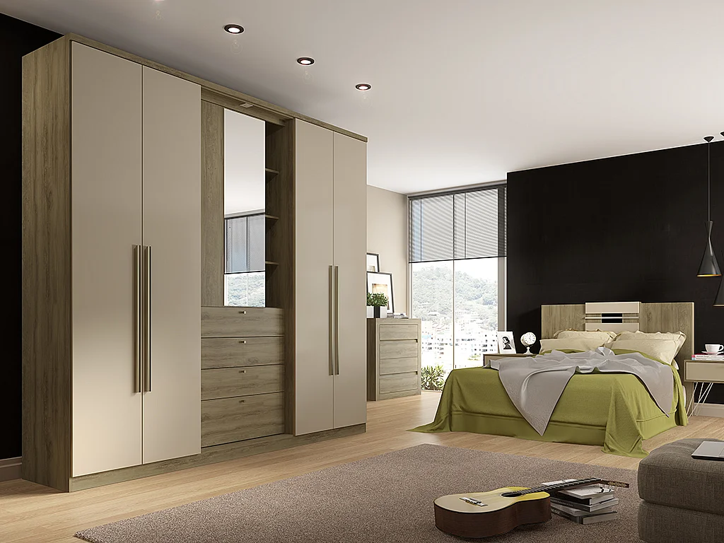 Armoire ISAK II - 4 portes - Miroir et tiroirs - L240 cm - Chêne et ivoire