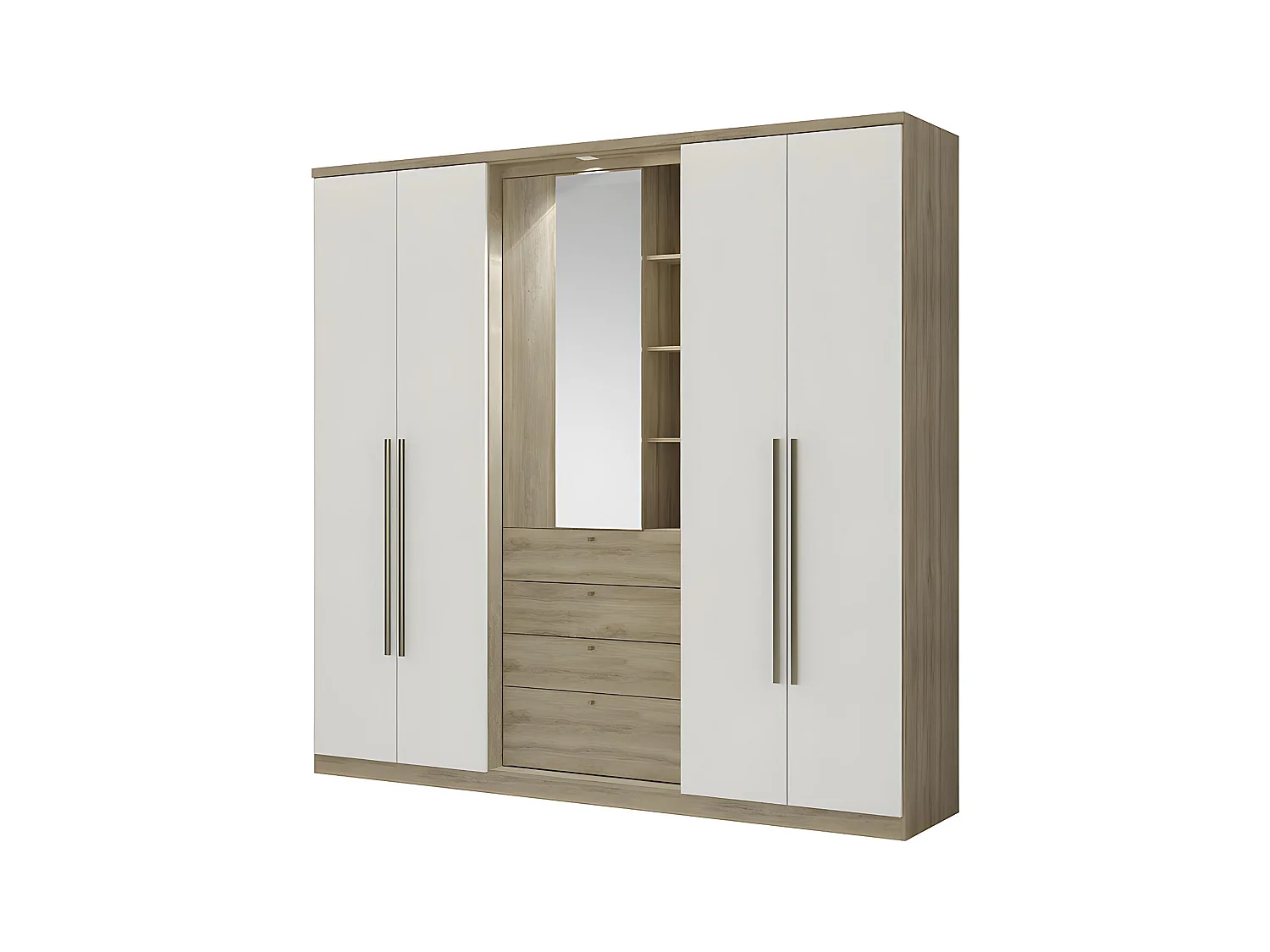 Armoire ISAK II - 4 portes - Miroir et tiroirs - L240 cm - Chêne et ivoire