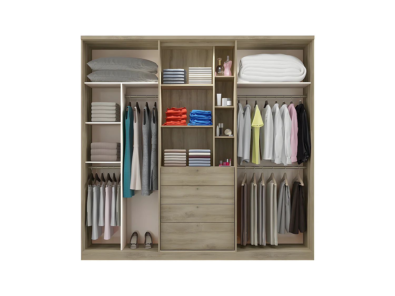 Armoire ISAK II - 4 portes - Miroir et tiroirs - L240 cm - Chêne et ivoire