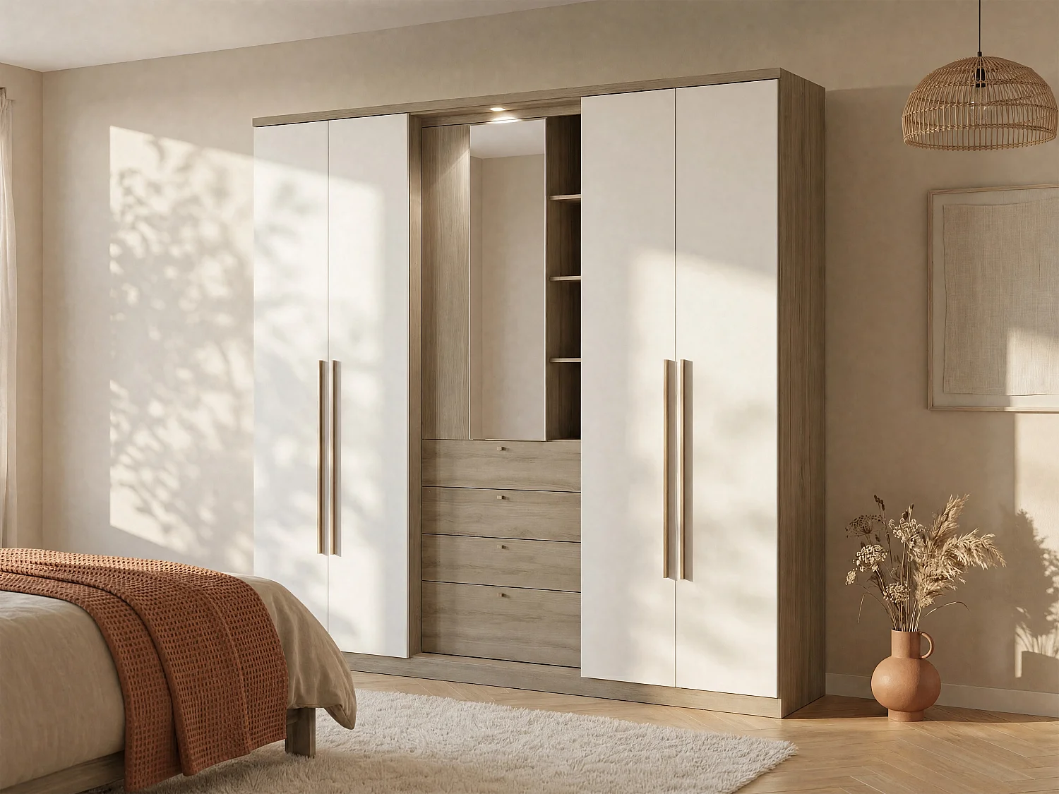 Kleiderschrank mit Spiegel + 4 Türen - B. 240 cm - Eichfarben & Elfenbein - ISAK II