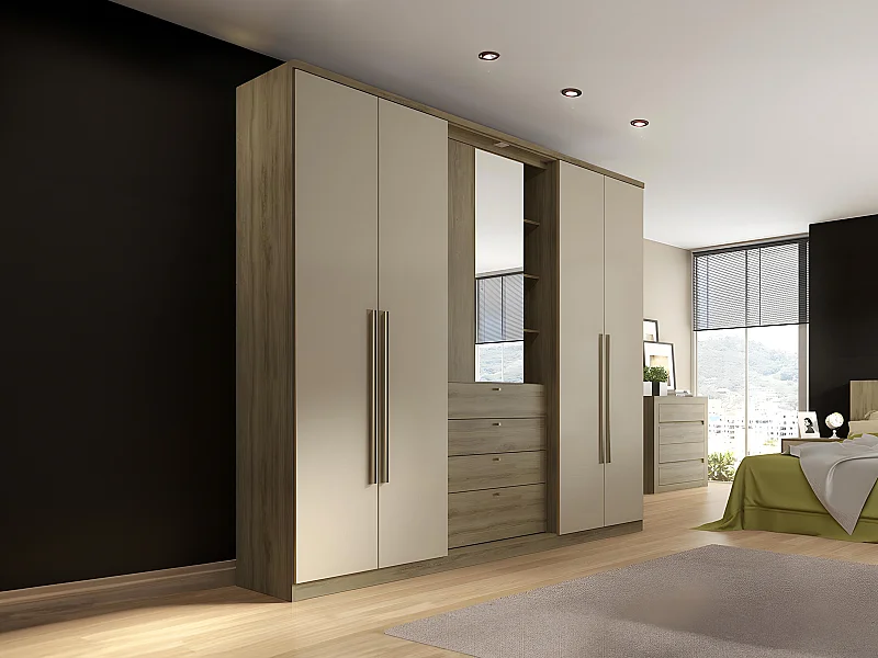 Armario ISAK - 4 puertas - Espejo y cajones - Largo 240 cm - Roble y marfil