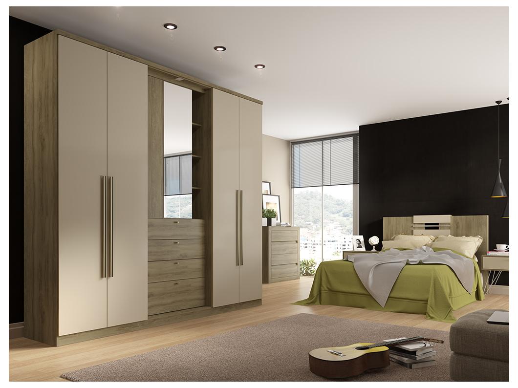 Armadio 4 ante con specchio e cassetti L.240cm Quercia e avorio - ISAK