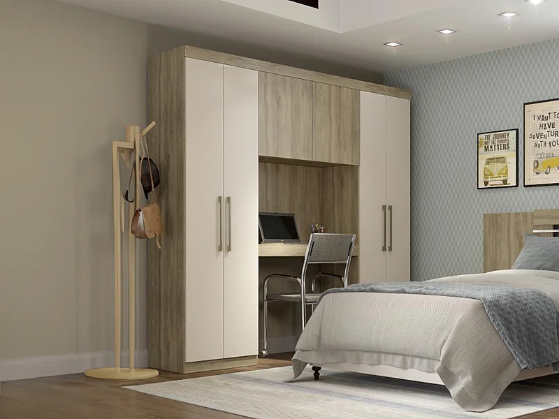 Bettüberbau mit 6 Türen, Kleiderschrank & Stauraum - L. 200 cm - Eichefarben & Elfenbeinfarben - ANTERO II