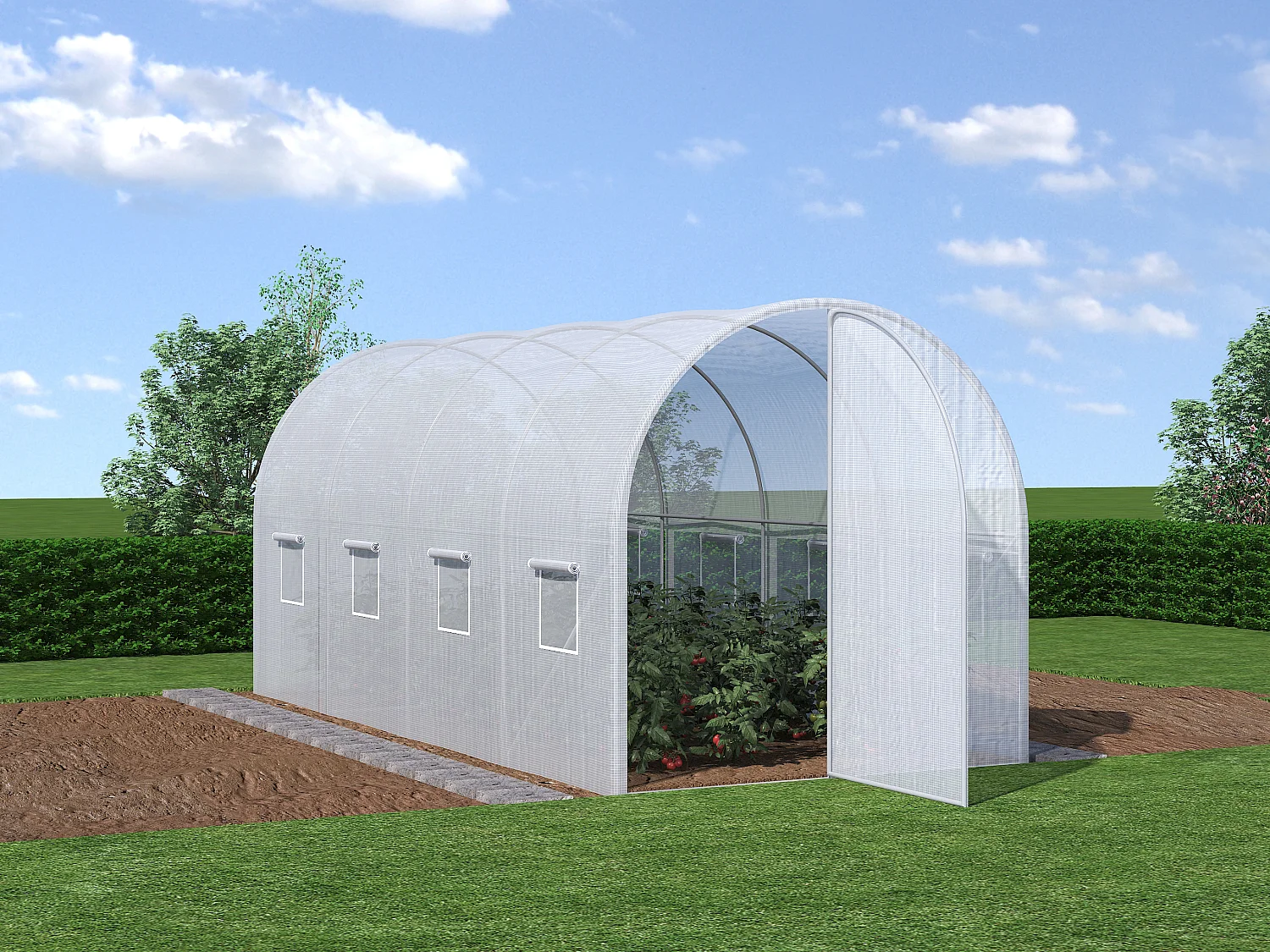 Serre tunnel avec structure en acier galvanisé et porte 9 m² - L200 x l450 x H200 cm - Blanc -  ALOCASIA