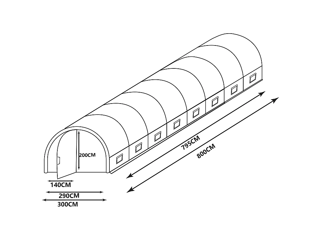 Estufa estilo túnel com estrutura em aço e porta 24 m², C300 x L800 x A200 cm - ALOCASIA