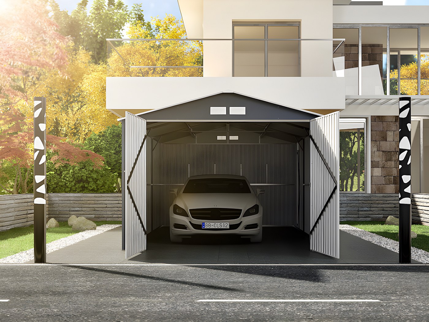 Garage aus verzinktem Stahl in Grau 18,7 m² - Maße B320 x T580 x H235