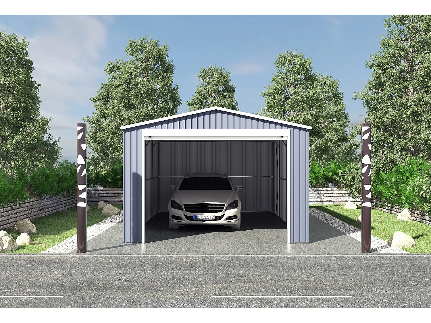 Garage en acier galvanisé avec porte enroulante gris OCTOU - 19,5 m²