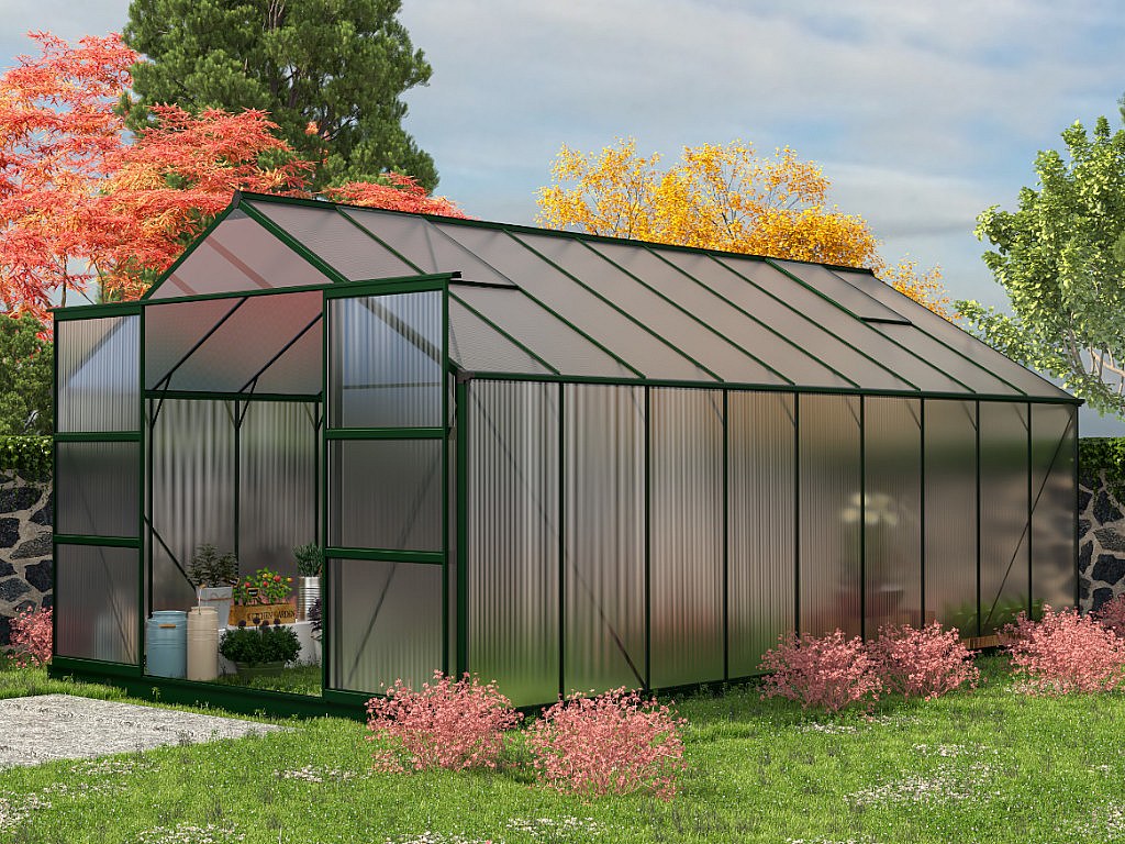 Vente-unique Gewächshaus Mit Sockel - Polycarbonat - 16, 8 M² - Grün - Ixora