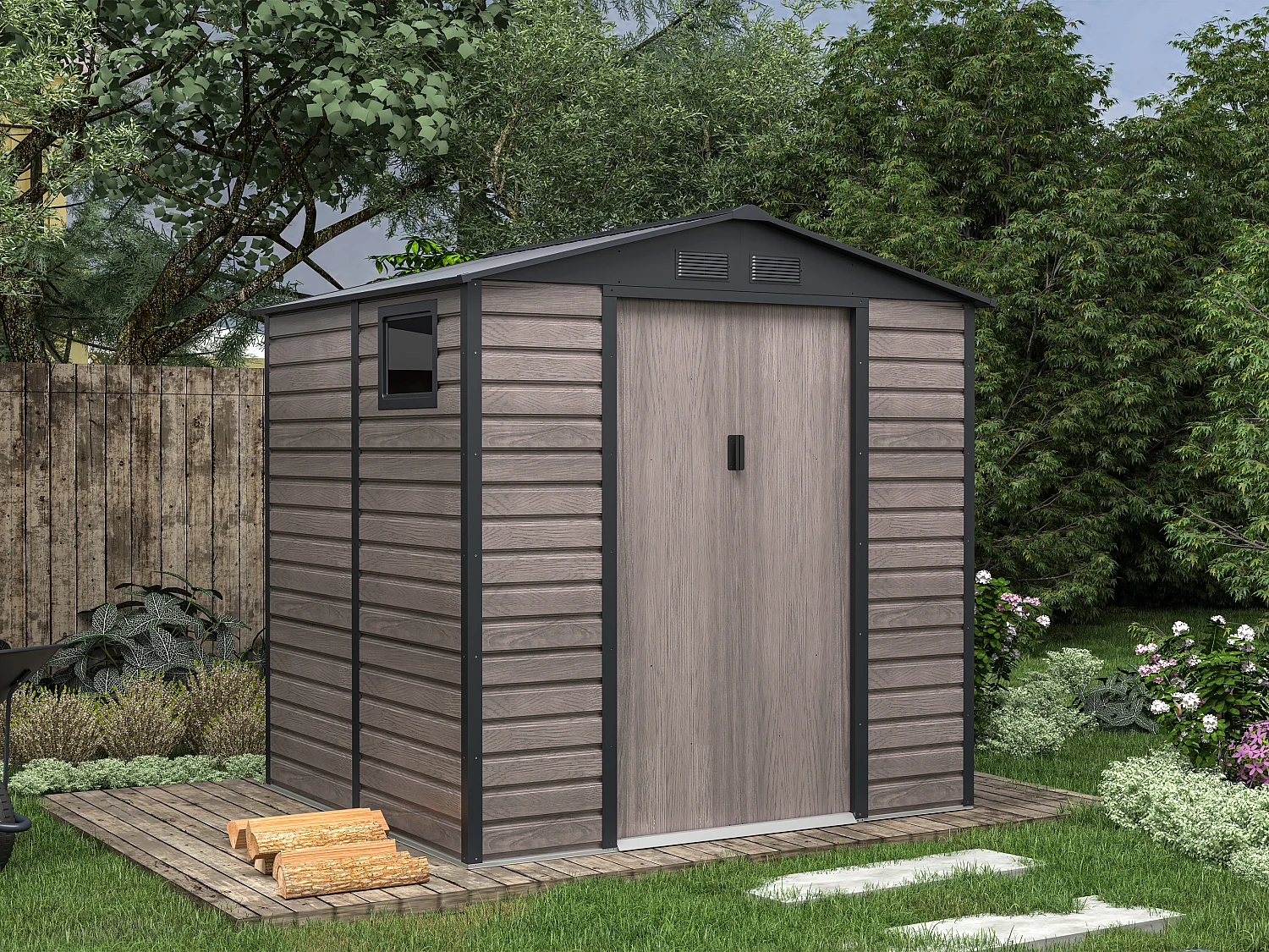 Abrigo de jardim em aço galvanizado efeito madeira em Cinza de 4,15 m² - ADELMO