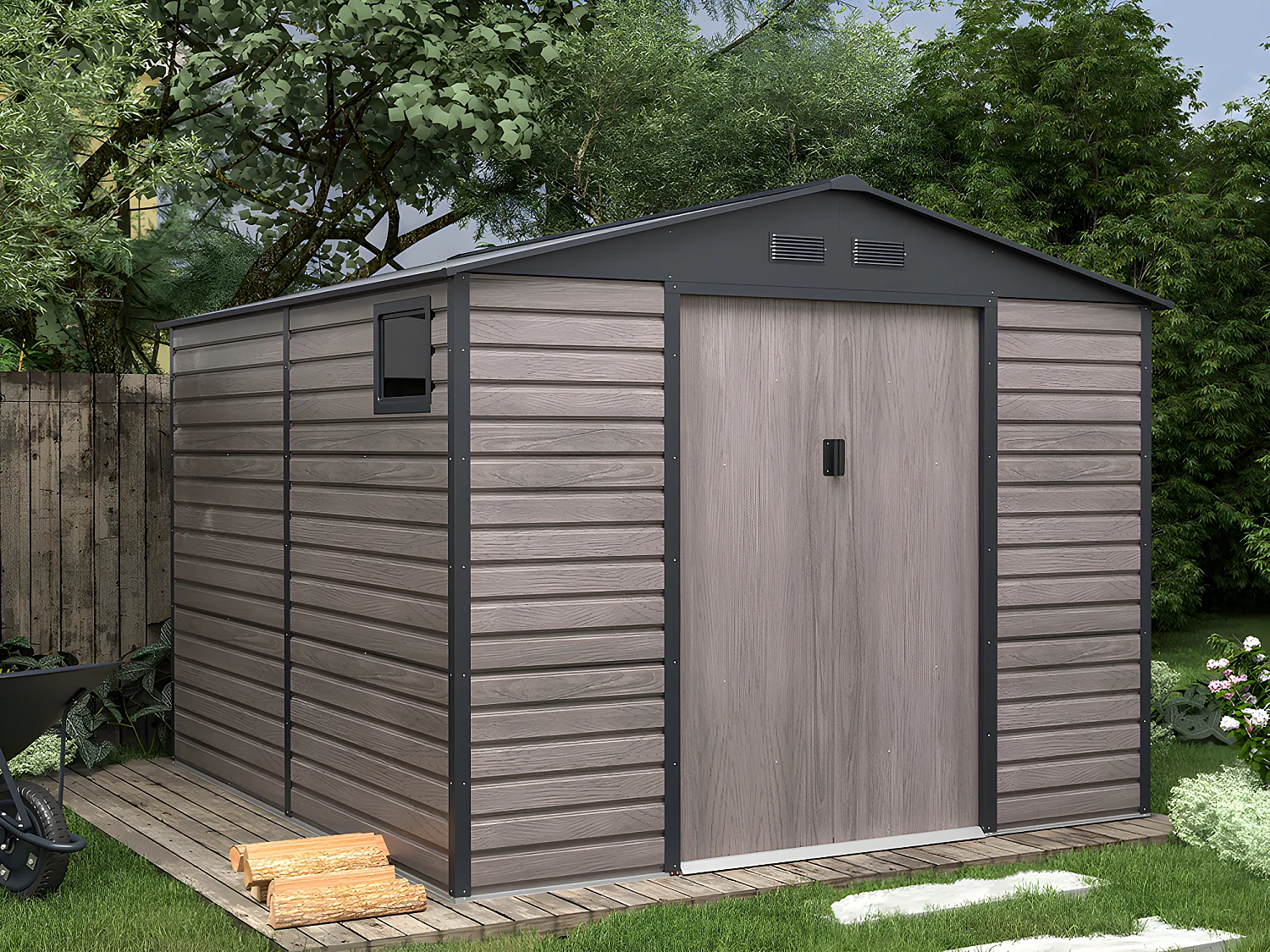Abri de jardin métal en acier galvanisé effet bois gris 8,94 m² - ADELMO