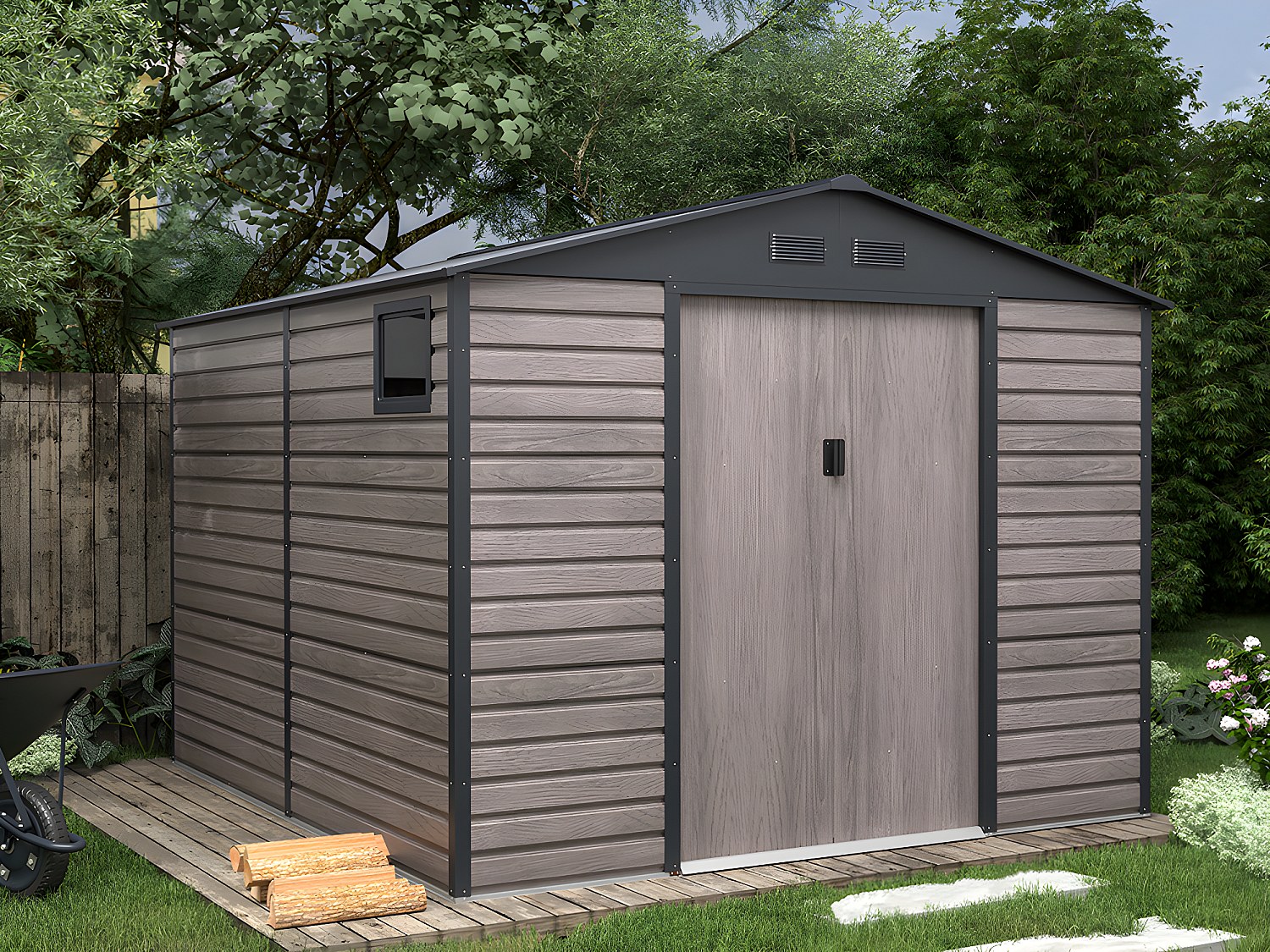 Vente-unique Gartenhaus Gerätehaus - 8, 94 M² - Stahl - Holz-Optik - Grau - Adelmo
