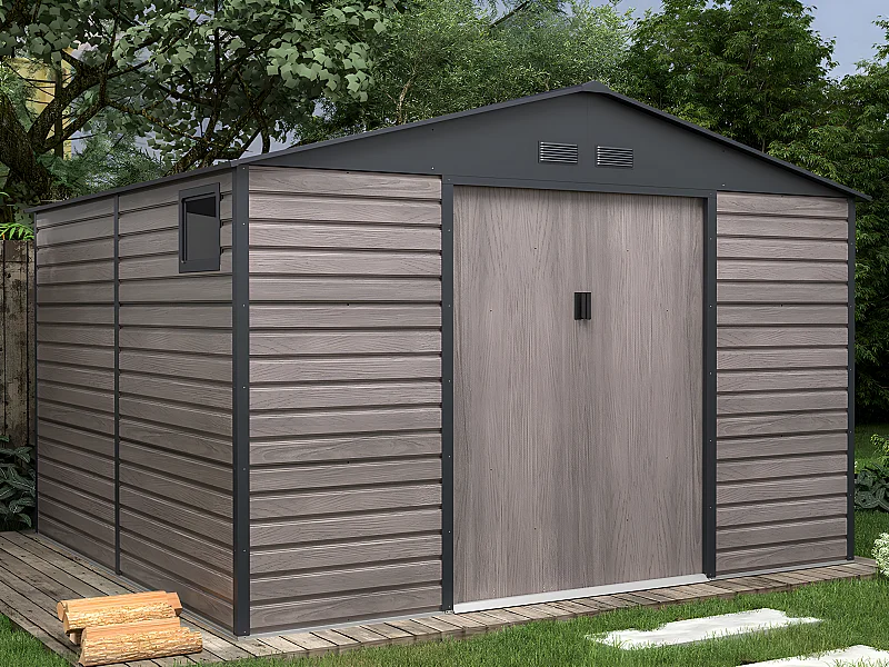 Tuinhuisje van gegalvaniseerd staal met houteffect ADELMO - Grijs - 10,98 m²