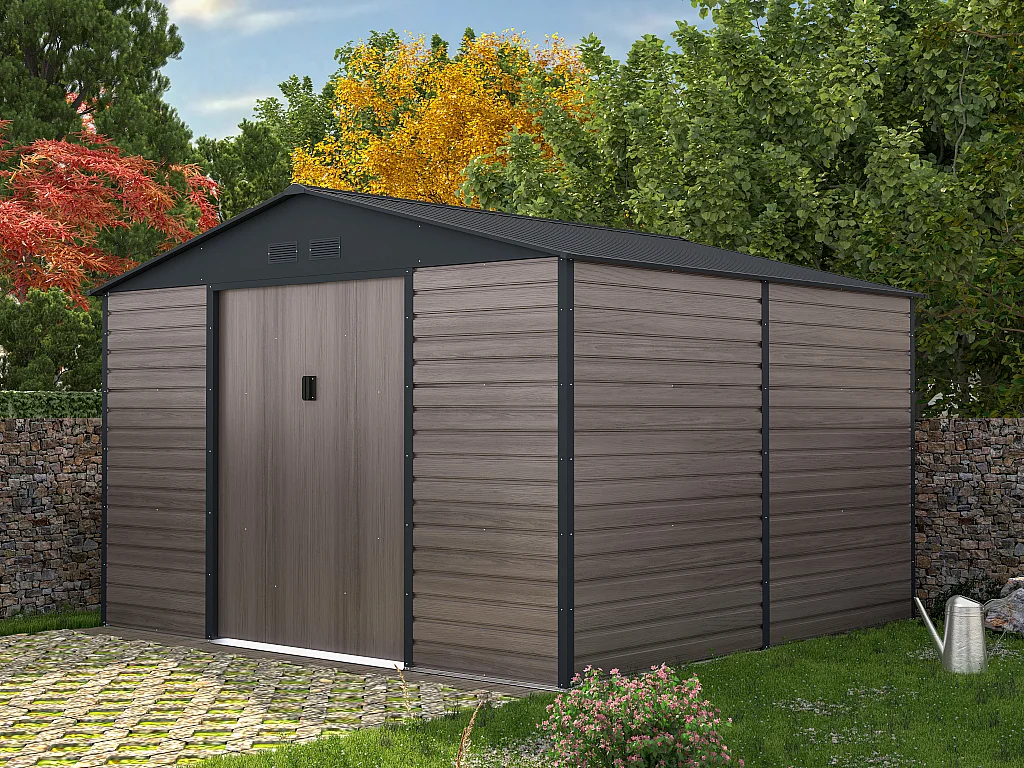 Abri de jardin métal en acier galvanisé effet bois gris 10,98 m² - ADELMO