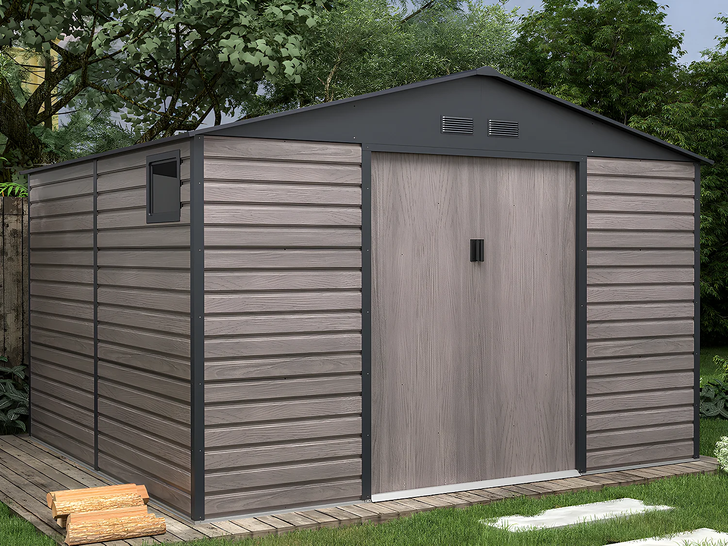 Gartenhaus Gerätehaus - 10,98 m² - Stahl - Holz-Optik - Grau - ADELMO