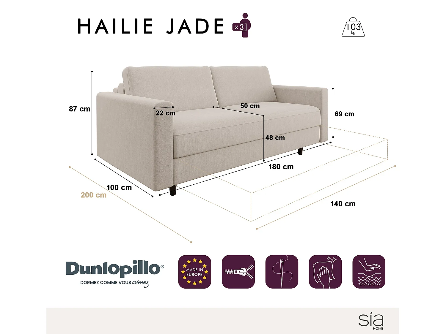 Canapé convertible express dunlopillo tissu tramé bleu gris 140cm Hailie Jade