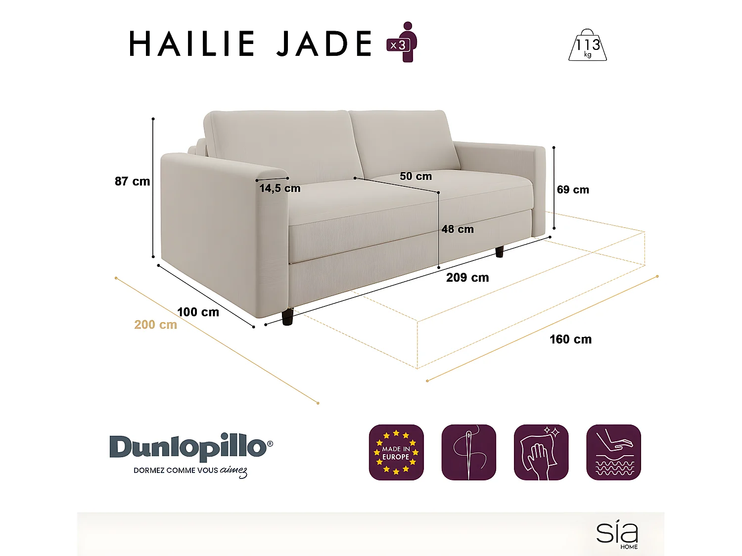 Canapé convertible express dunlopillo tissu tramé beige 160cm Hailie Jade