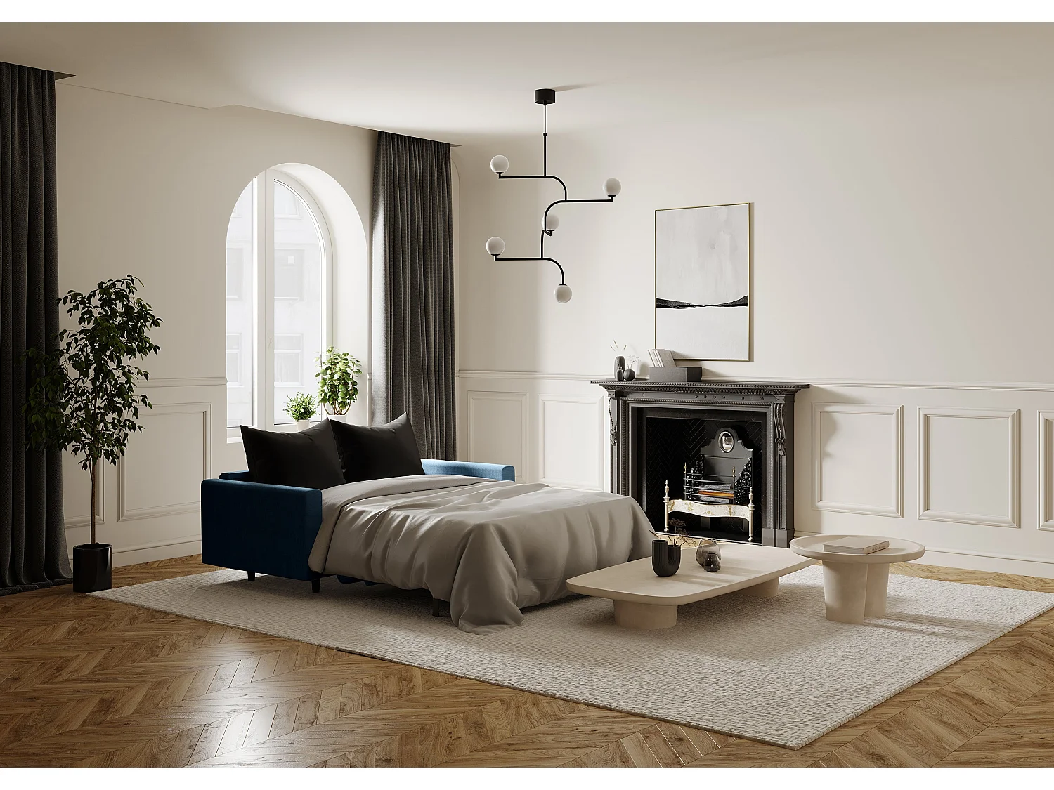 Canapé convertible express dunlopillo tissu tramé bleu gris 160cm Hailie Jade