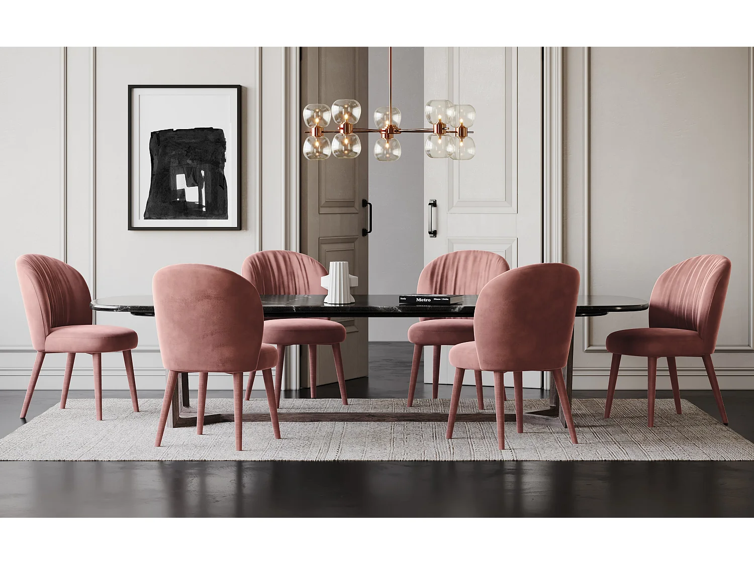 Lot de 2 chaises  velours rose pieds velours