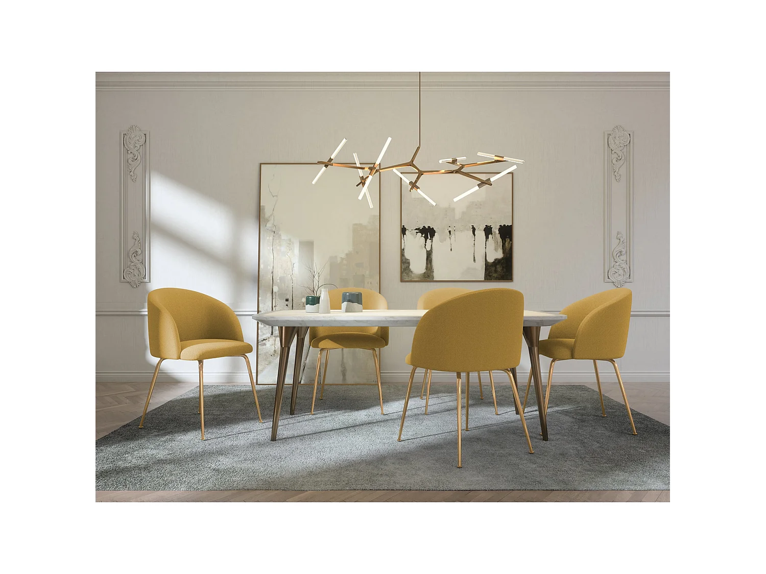 Lot de 2 chaises tissu moutarde pieds or chrome brossé