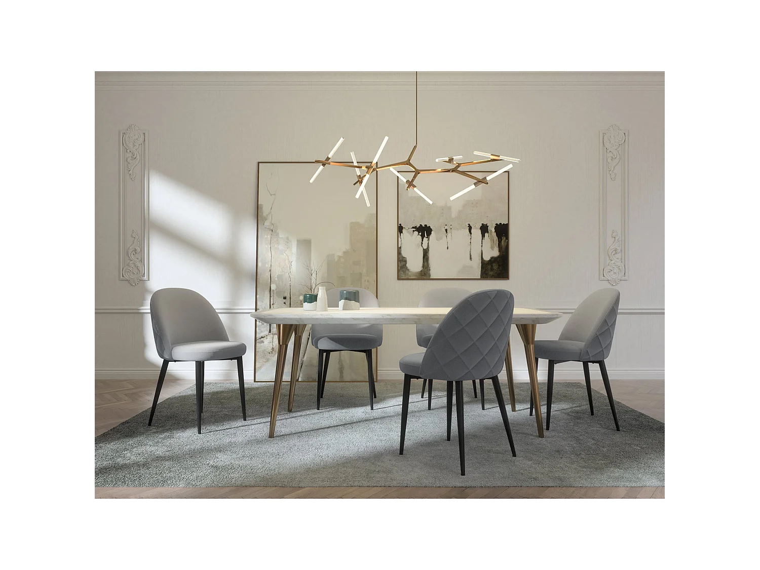 Lot de 2 chaises tissus gris clair passepoil gris clair pieds noir mat