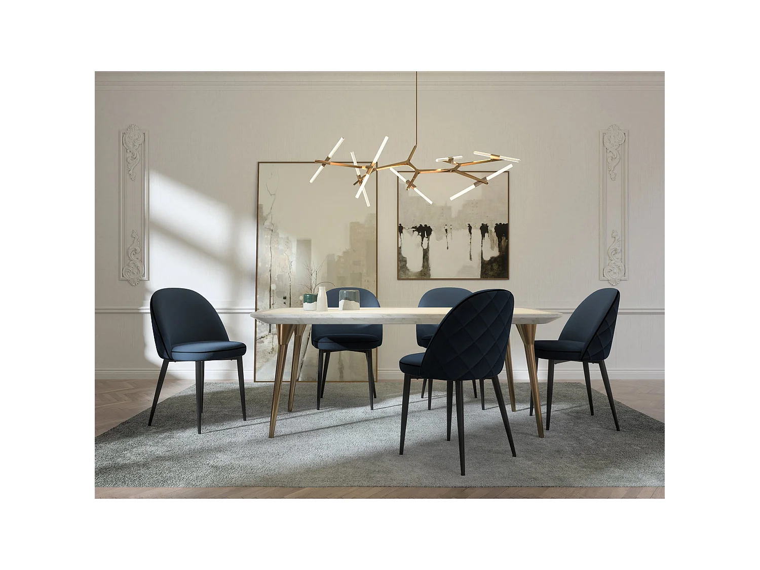 Lot de 2 chaises tissus bleu passepoil noir pieds noir mat