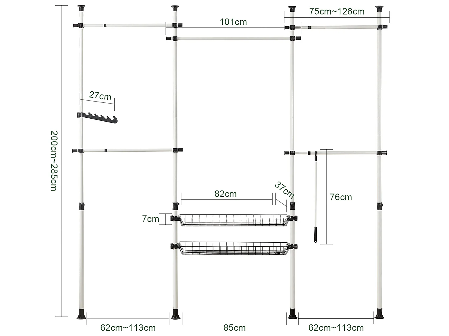 SoBuy KLS04 Kledingrek Klerenrailsysteem Opbergsysteem Telescopisch Kledingrek