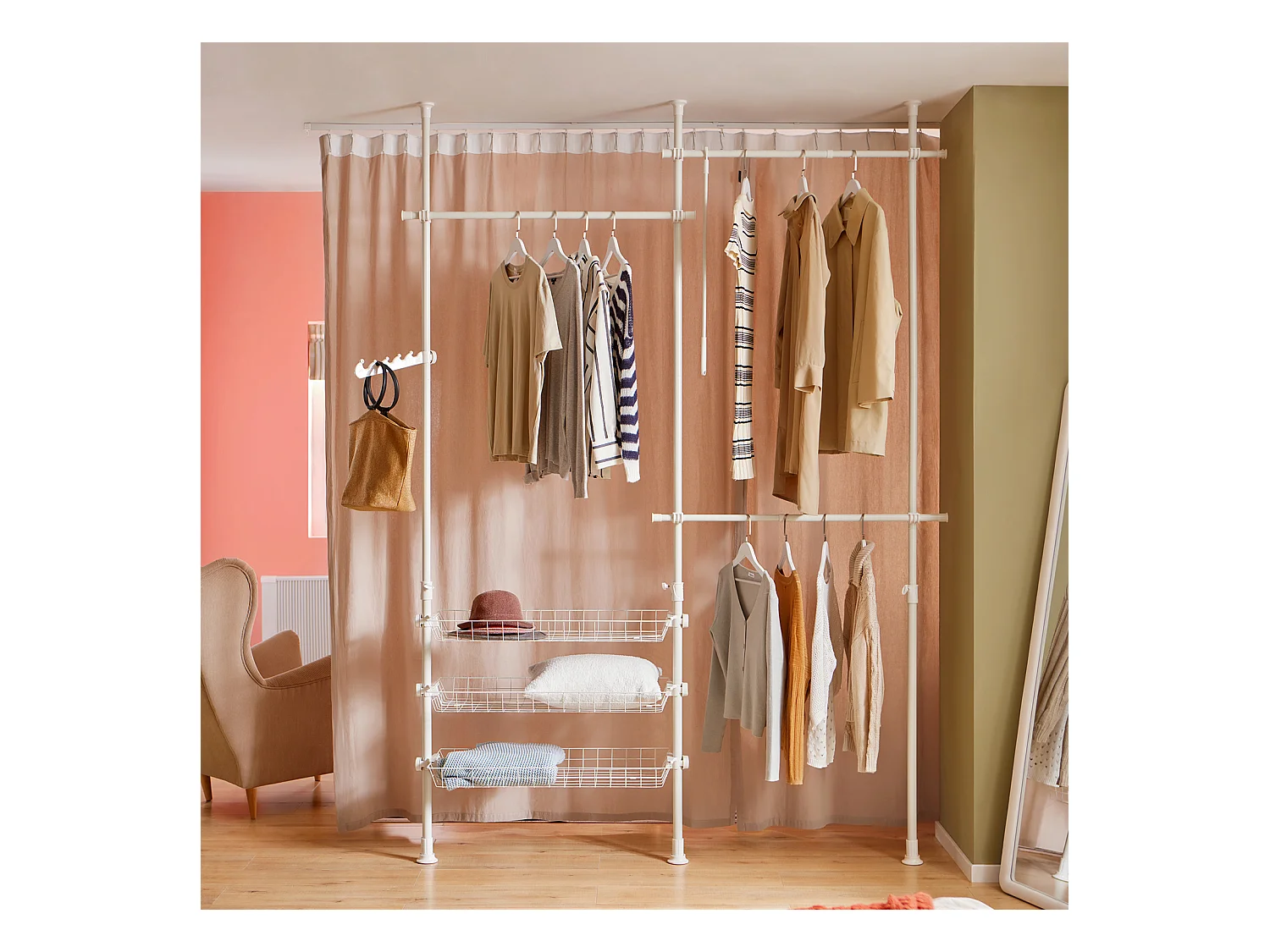 Garderoba teleskopowe z 3 drążki i 3 koszami FRG34-W