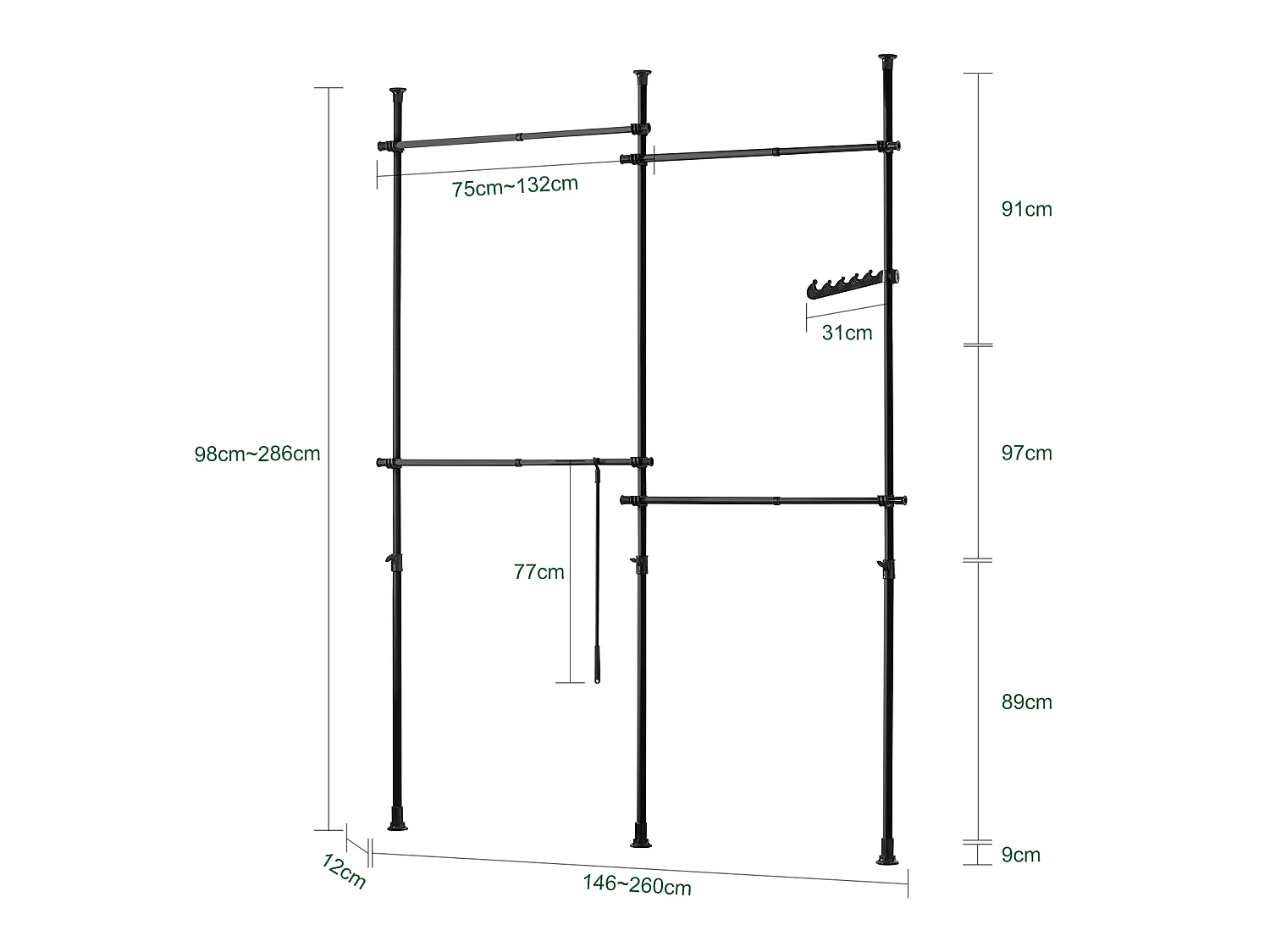 Teleskop Garderoben System KLS03-SCH 226 x 285 x 3 cm Schwarz