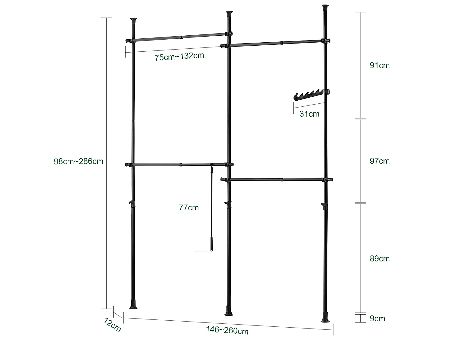 Télescopique Porte-Vêtements Système de Penderie Télescopique avec 4 Barres, KLS03-SCH