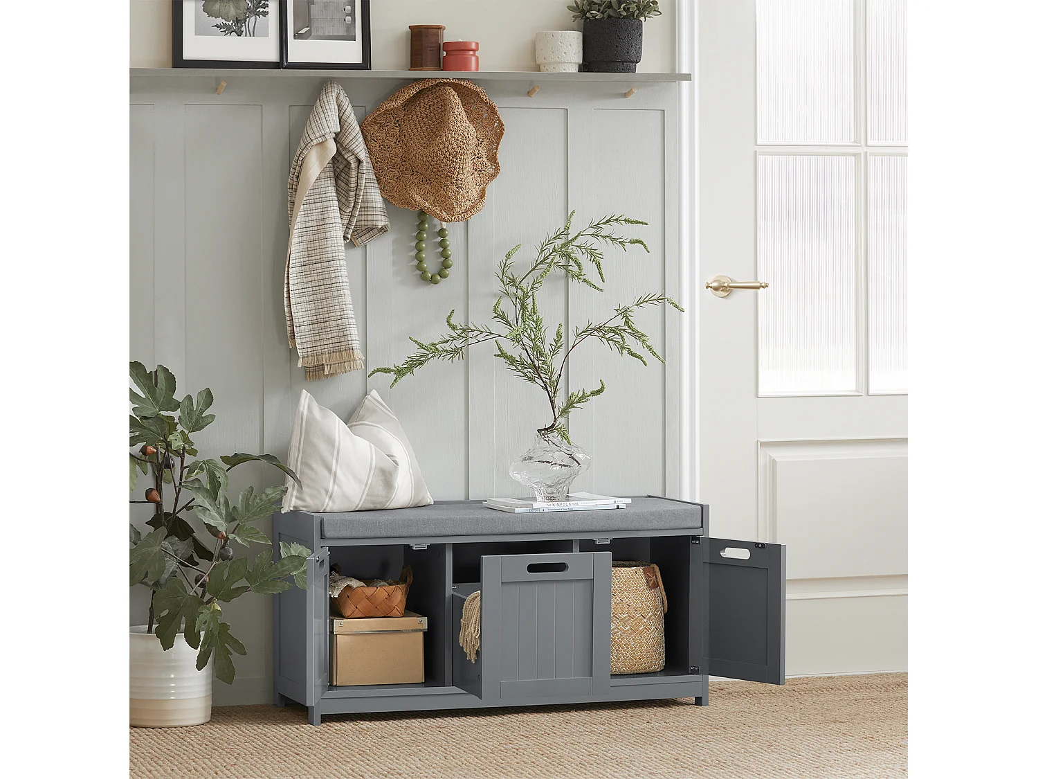 Banc de Rangement avec Coussin Rembourré Meuble d'Entrée Coffre Commode à Chaussures, FSR80-SG