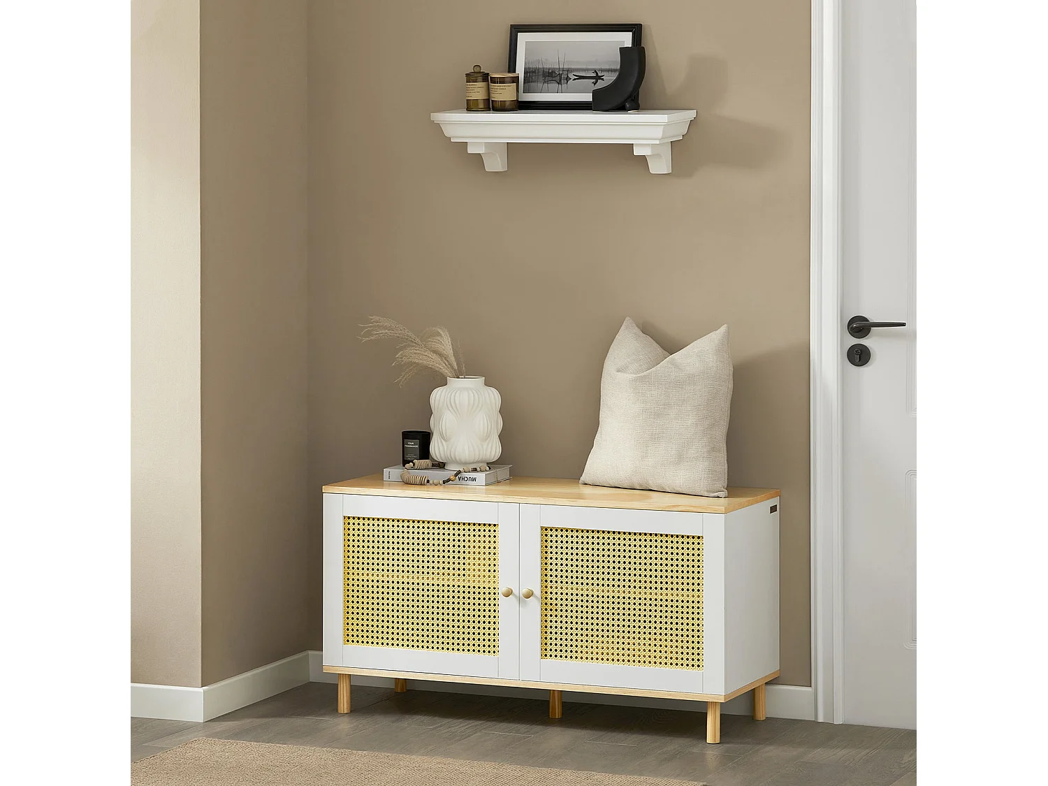 SoBuy FSR103-WN Schoenenbank, Garderobebank, Schoenenrek met Zitvlak, Opbergbank, Schoenenkast, Stoel met Opbergruimte, Entree Meubilair met 2 Deuren