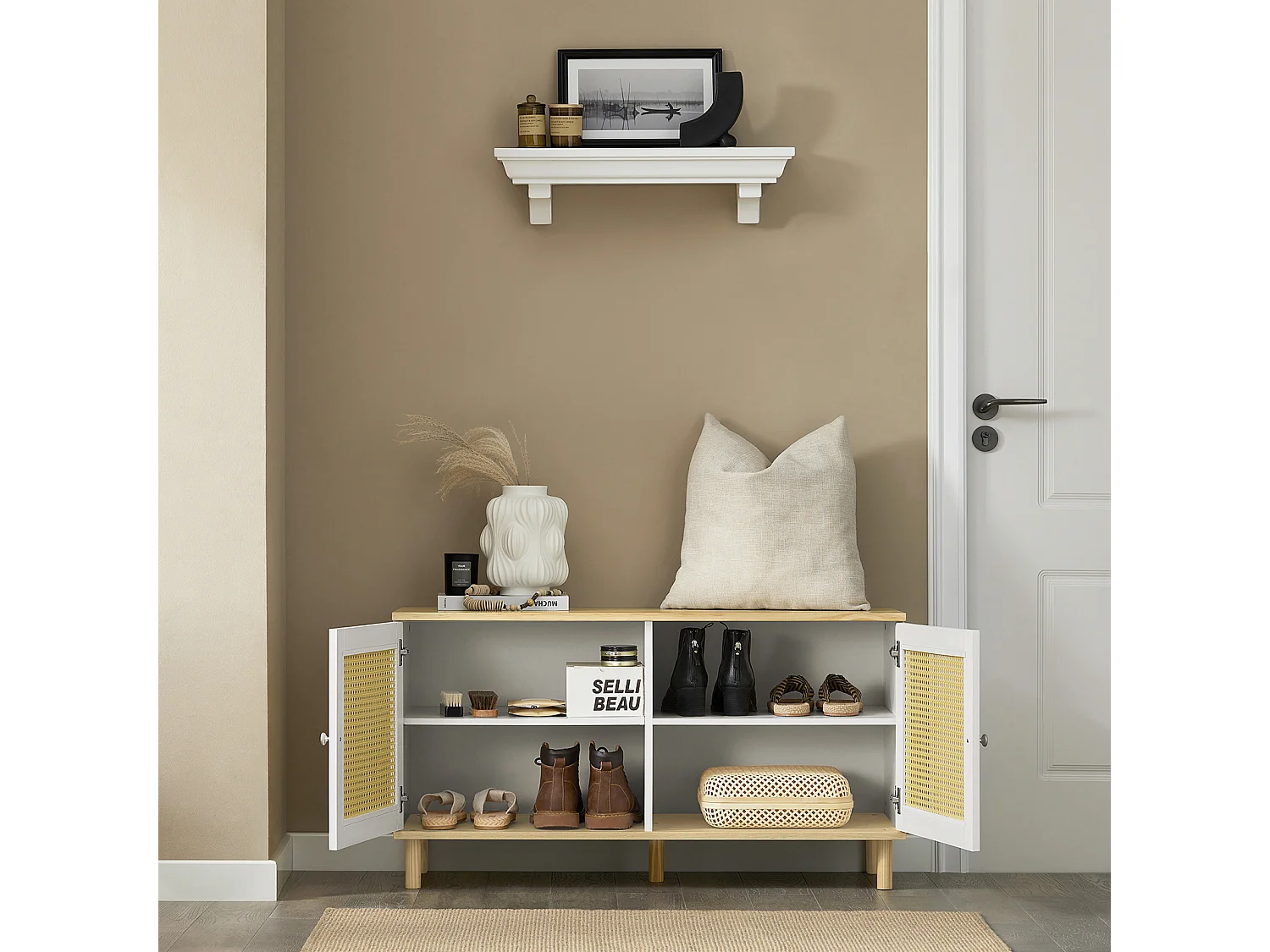 SoBuy FSR103-WN Schoenenbank, Garderobebank, Schoenenrek met Zitvlak, Opbergbank, Schoenenkast, Stoel met Opbergruimte, Entree Meubilair met 2 Deuren