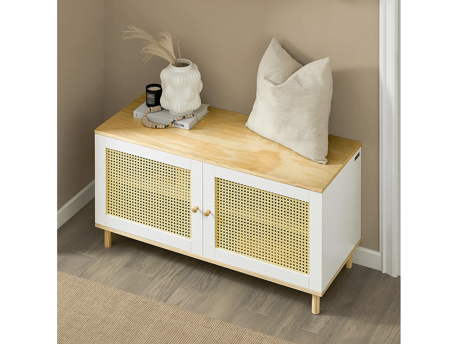 SoBuy FSR103-WN Schoenenbank, Garderobebank, Schoenenrek met Zitvlak, Opbergbank, Schoenenkast, Stoel met Opbergruimte, Entree Meubilair met 2 Deuren