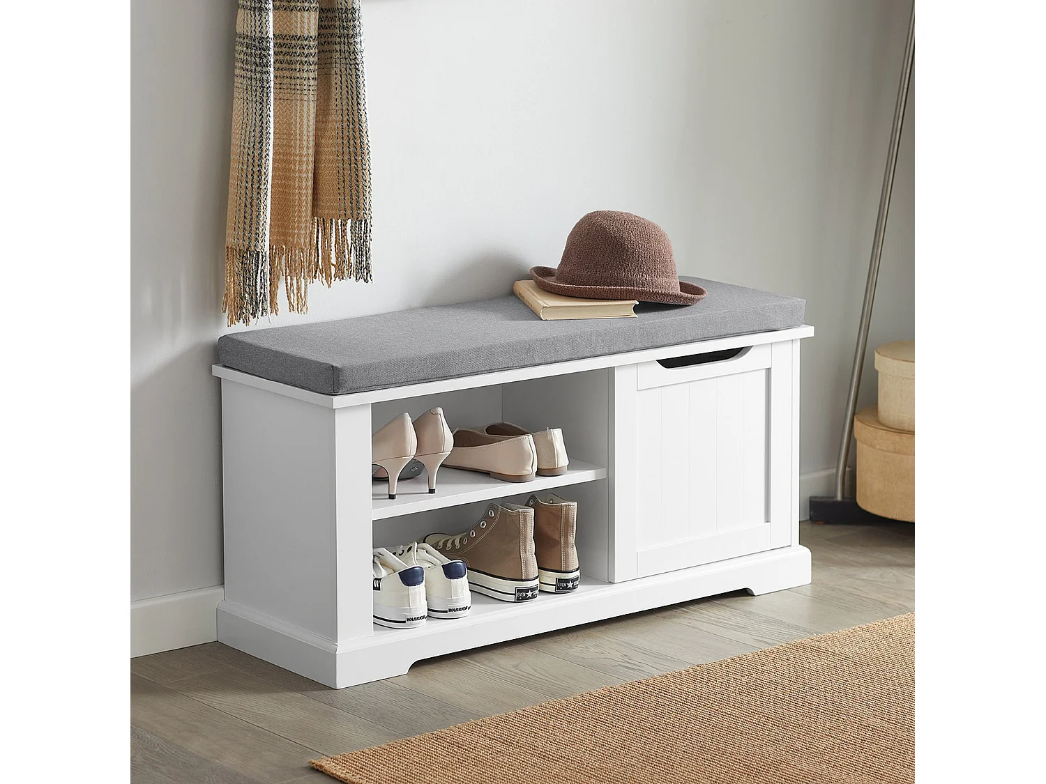 Banc de Rangement avec Coussin Rembourré Meuble Bas Entrée Commode à Chaussure Banquette, FSR84-W