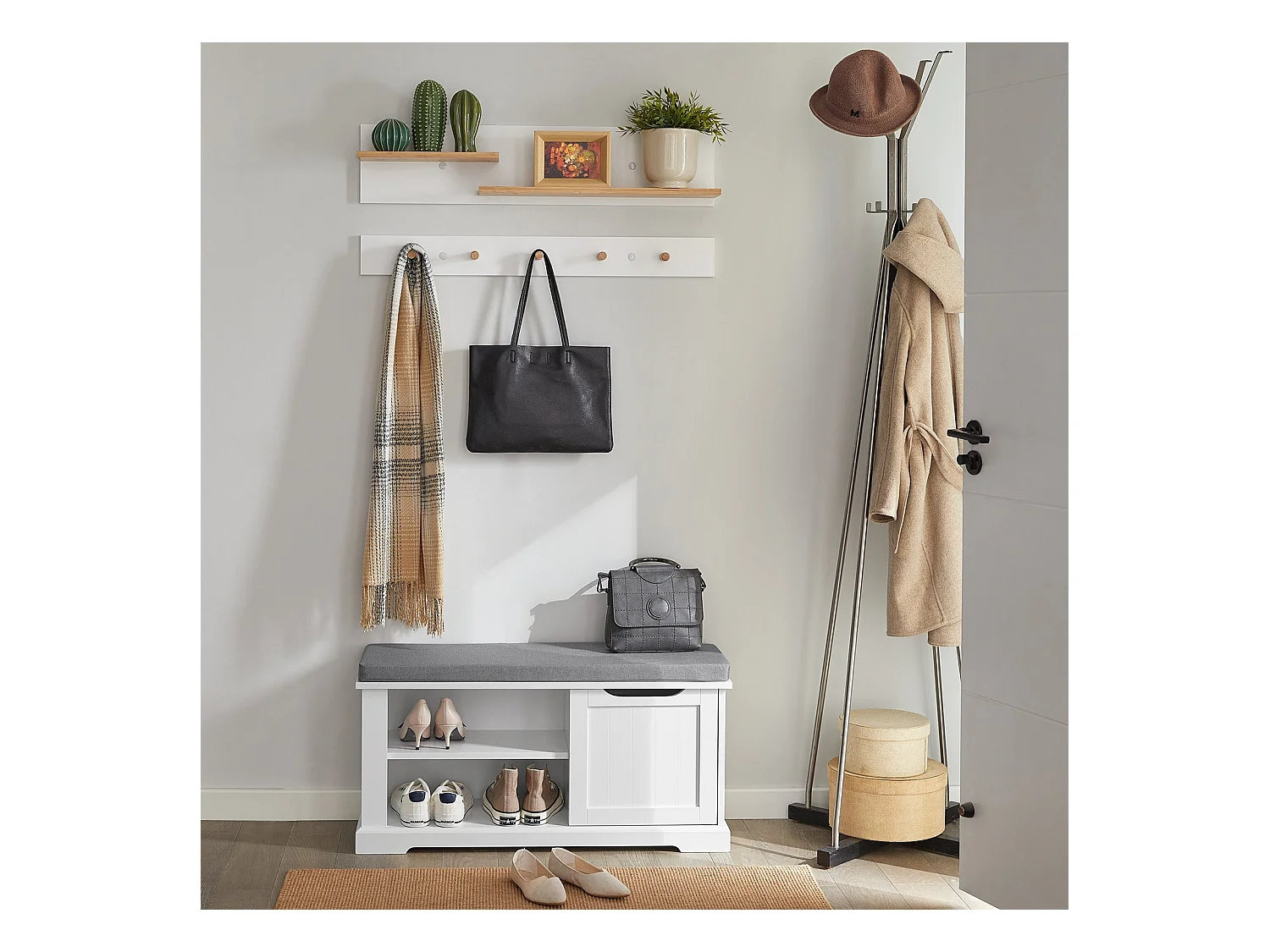 Banc de Rangement avec Coussin Rembourré Meuble Bas Entrée Commode à Chaussure Banquette, FSR84-W