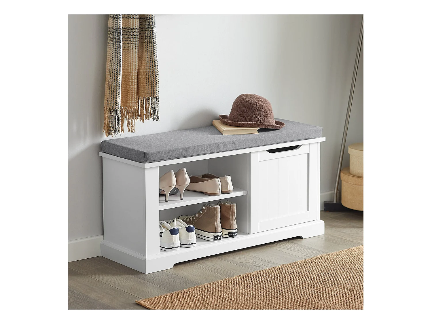 Banc de Rangement avec Coussin Rembourré Meuble Bas Entrée Commode à Chaussure Banquette, FSR84-W