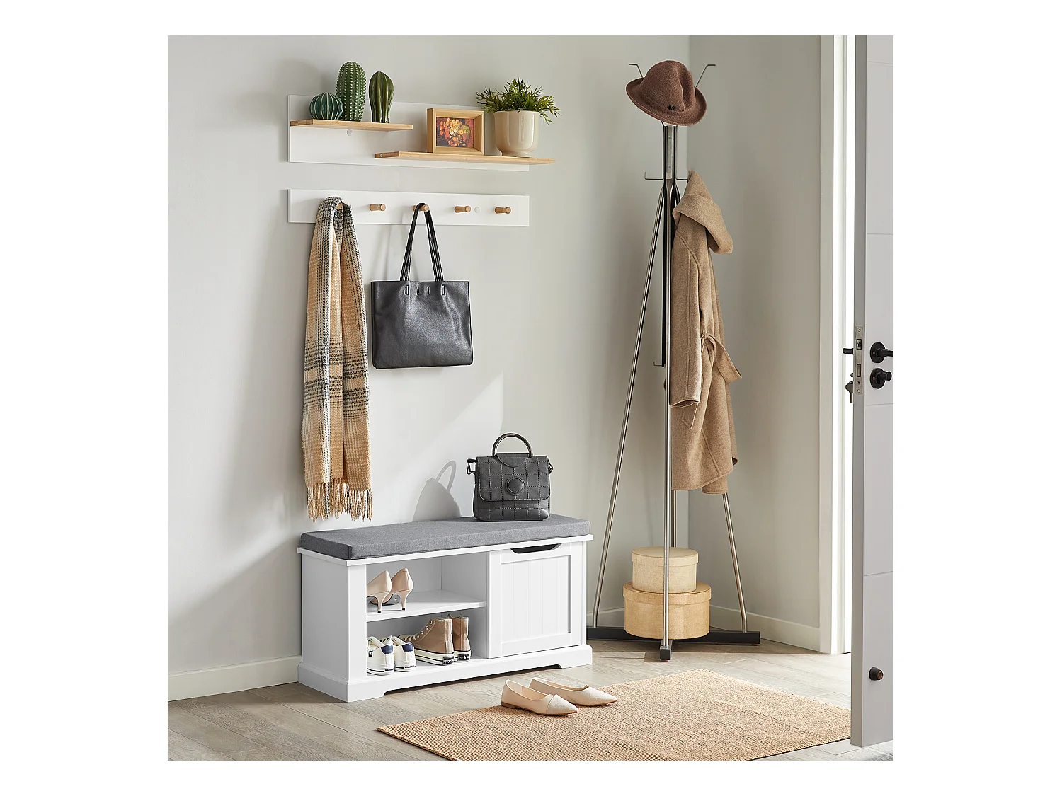 Banc de Rangement avec Coussin Rembourré Meuble Bas Entrée Commode à Chaussure Banquette, FSR84-W