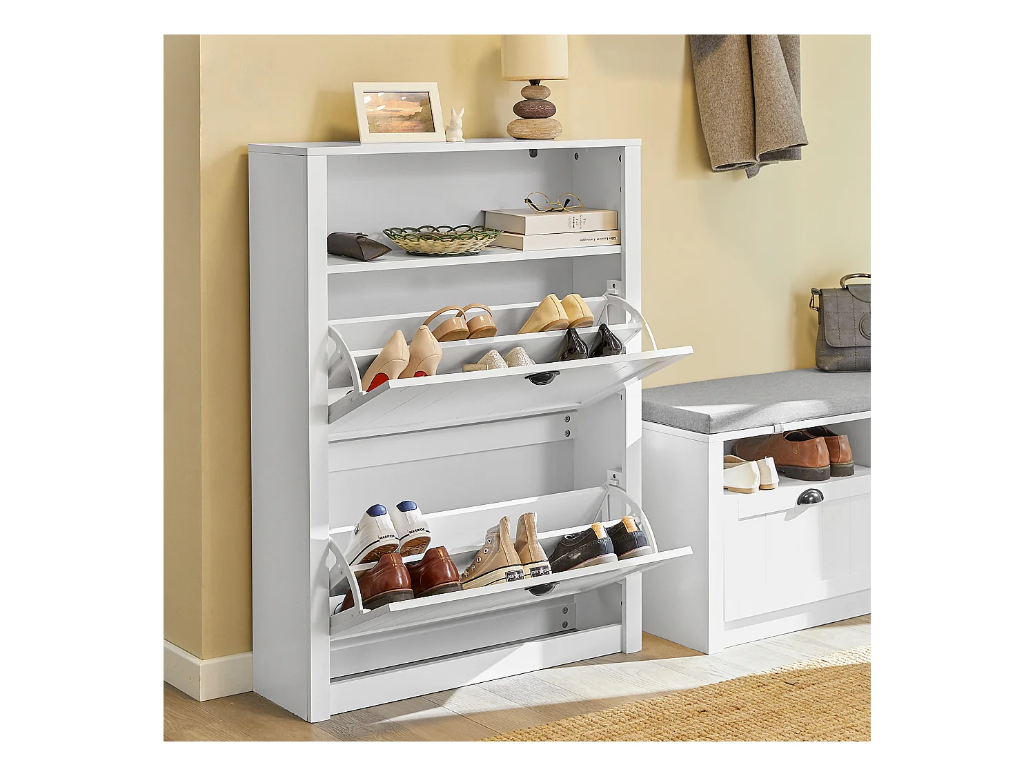 Banc de Rangement avec Coussin Rembourré Meuble Bas Entrée Commode à Chaussure Banquette, FSR84-W