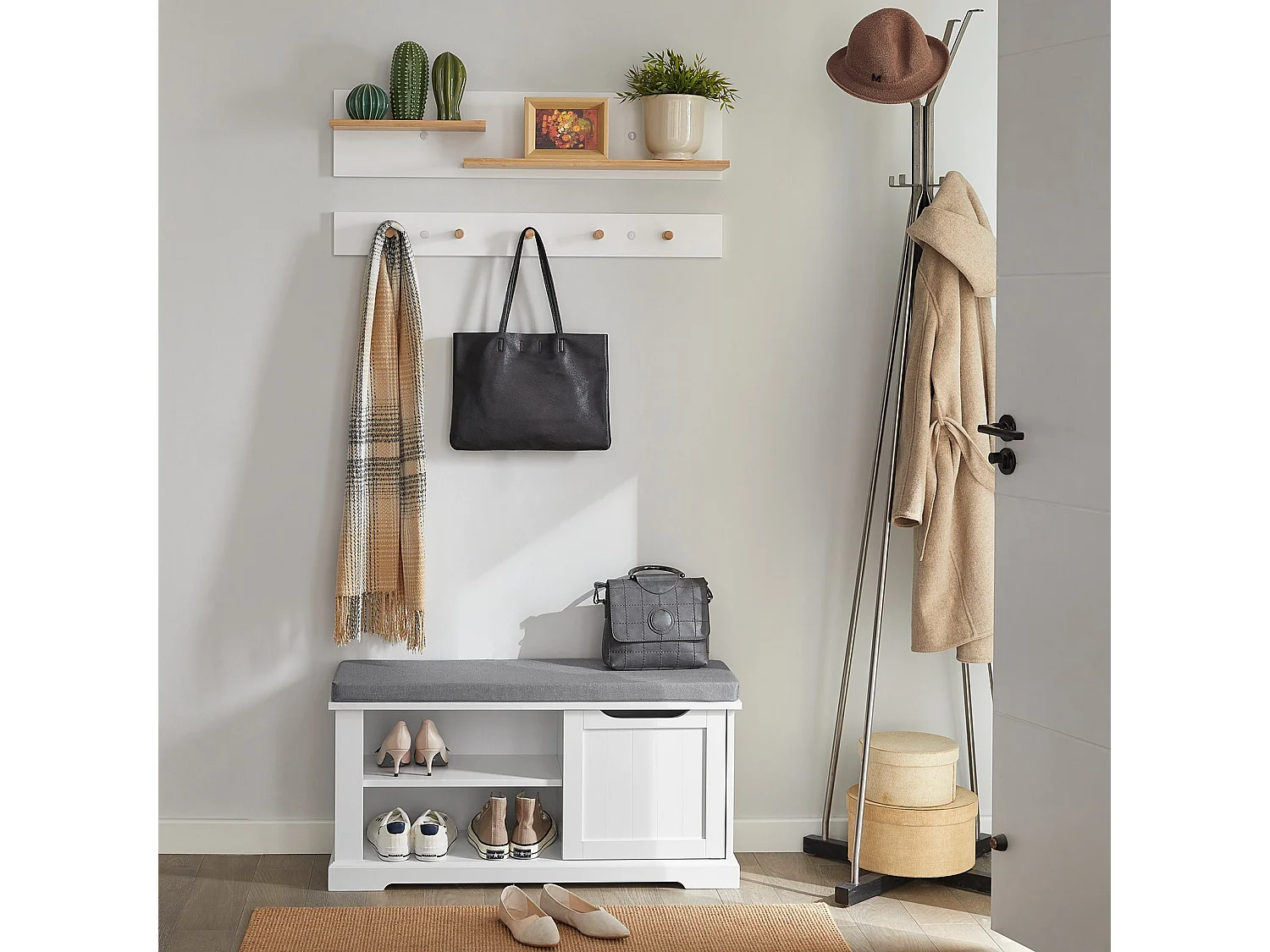 Banc de Rangement avec Coussin Rembourré Meuble Bas Entrée Commode à Chaussure Banquette, FSR84-W