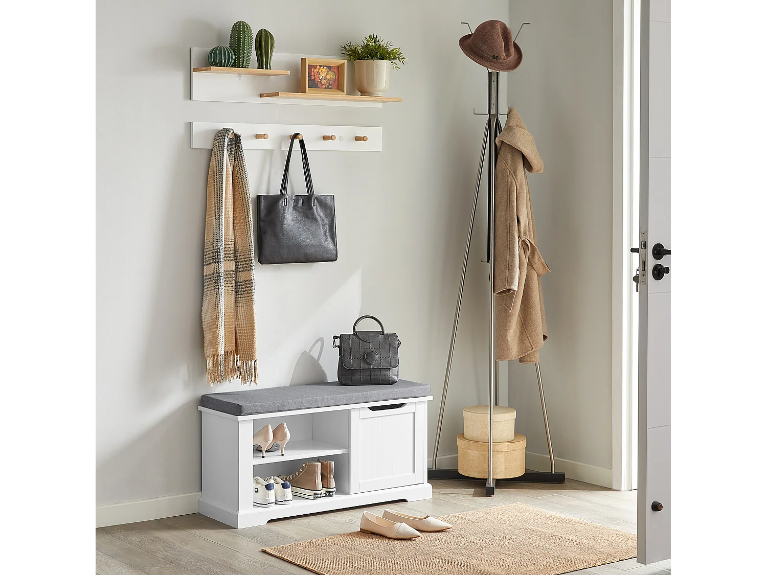 Banc de Rangement avec Coussin Rembourré Meuble Bas Entrée Commode à Chaussure Banquette, FSR84-W