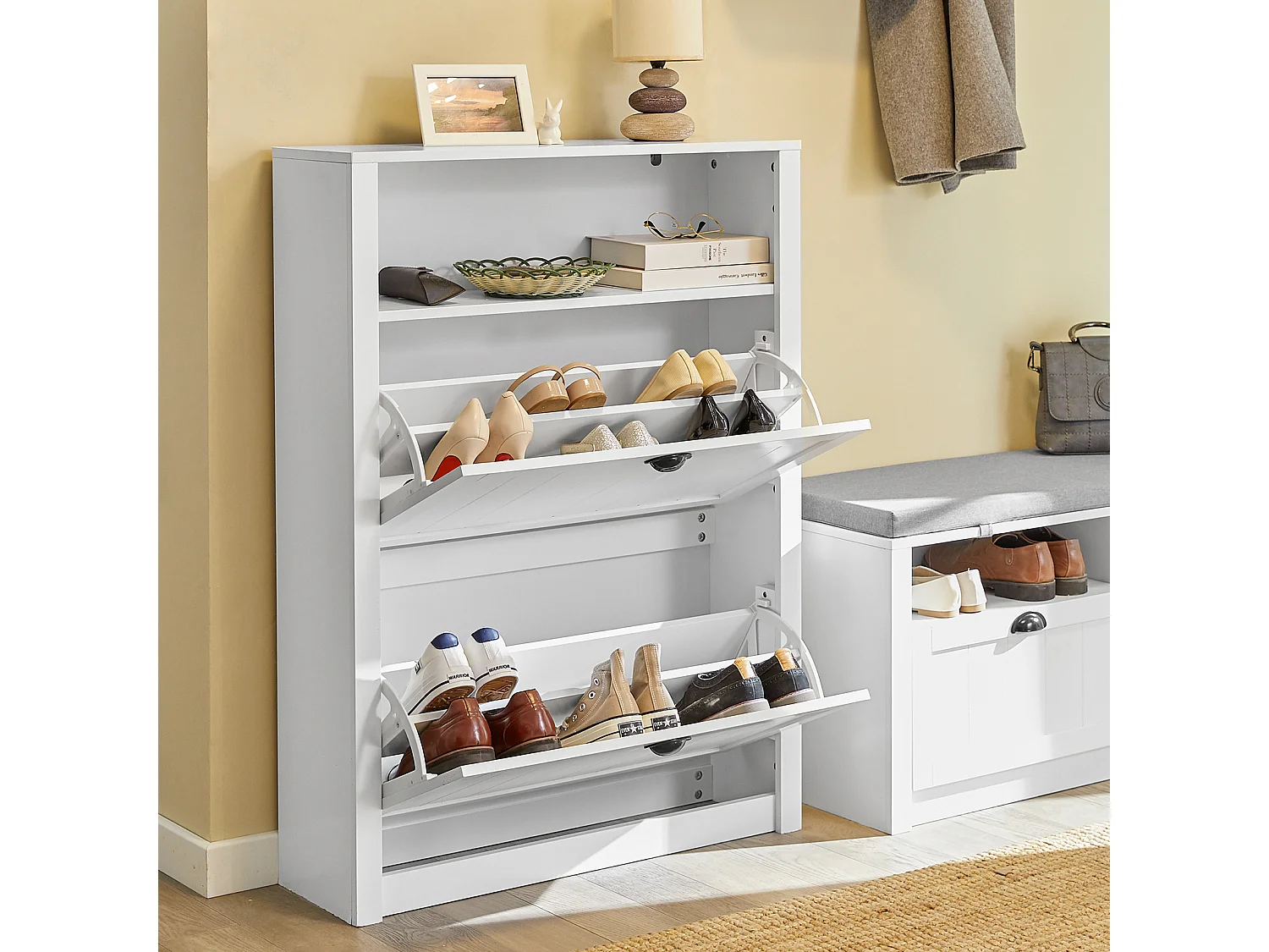 Banc de Rangement avec Coussin Rembourré Meuble Bas Entrée Commode à Chaussure Banquette, FSR84-W