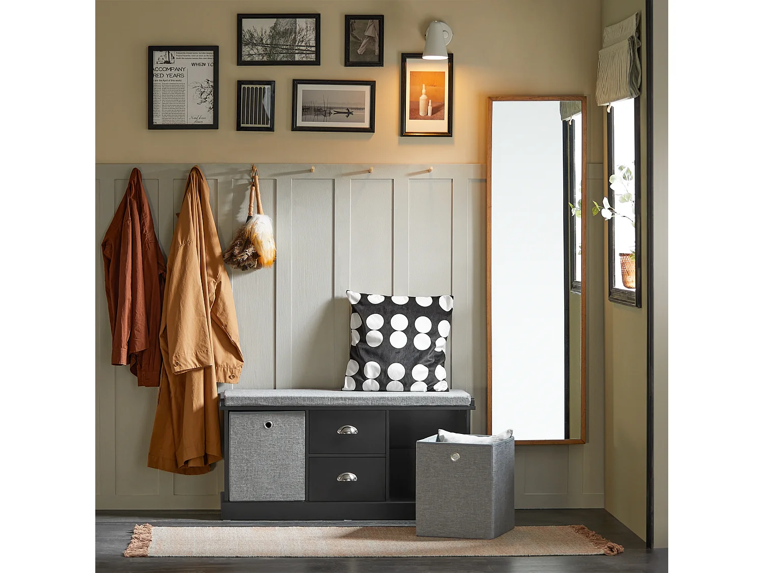 Banc de Rangement avec Coussin Rembourré, 2 Tiroirs et 2 Paniers Meuble Bas Entrée, FSR66-SCH