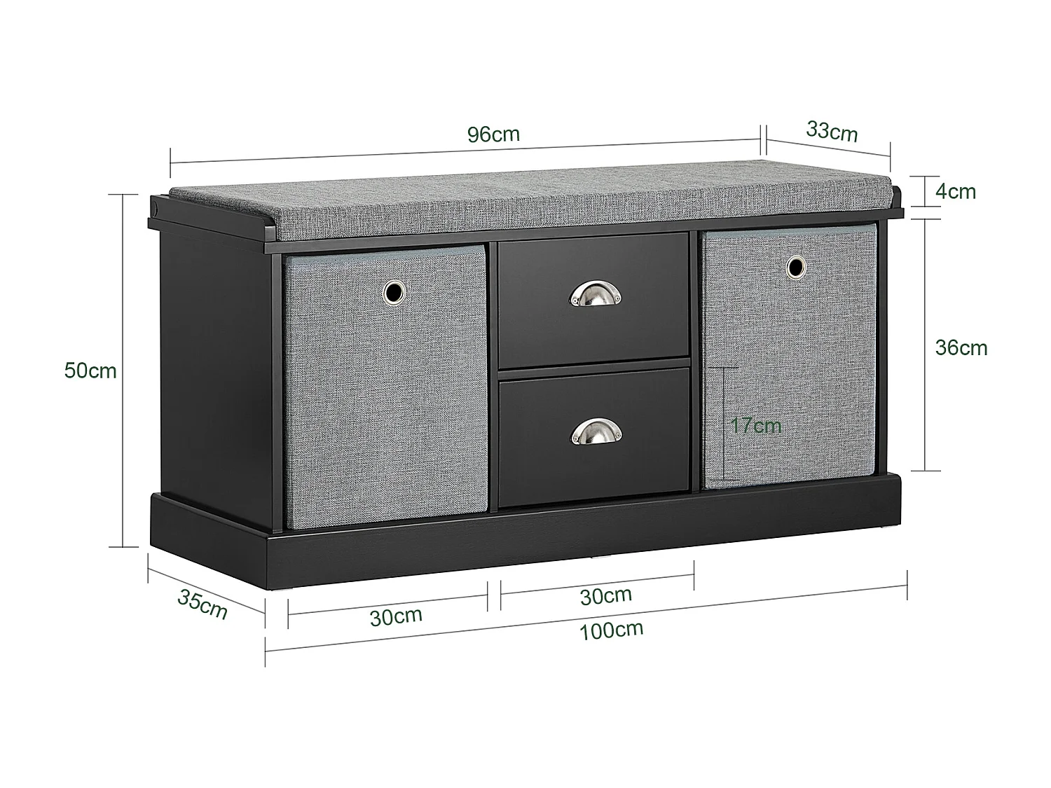 Banc de Rangement avec Coussin Rembourré, 2 Tiroirs et 2 Paniers Meuble Bas Entrée, FSR66-SCH