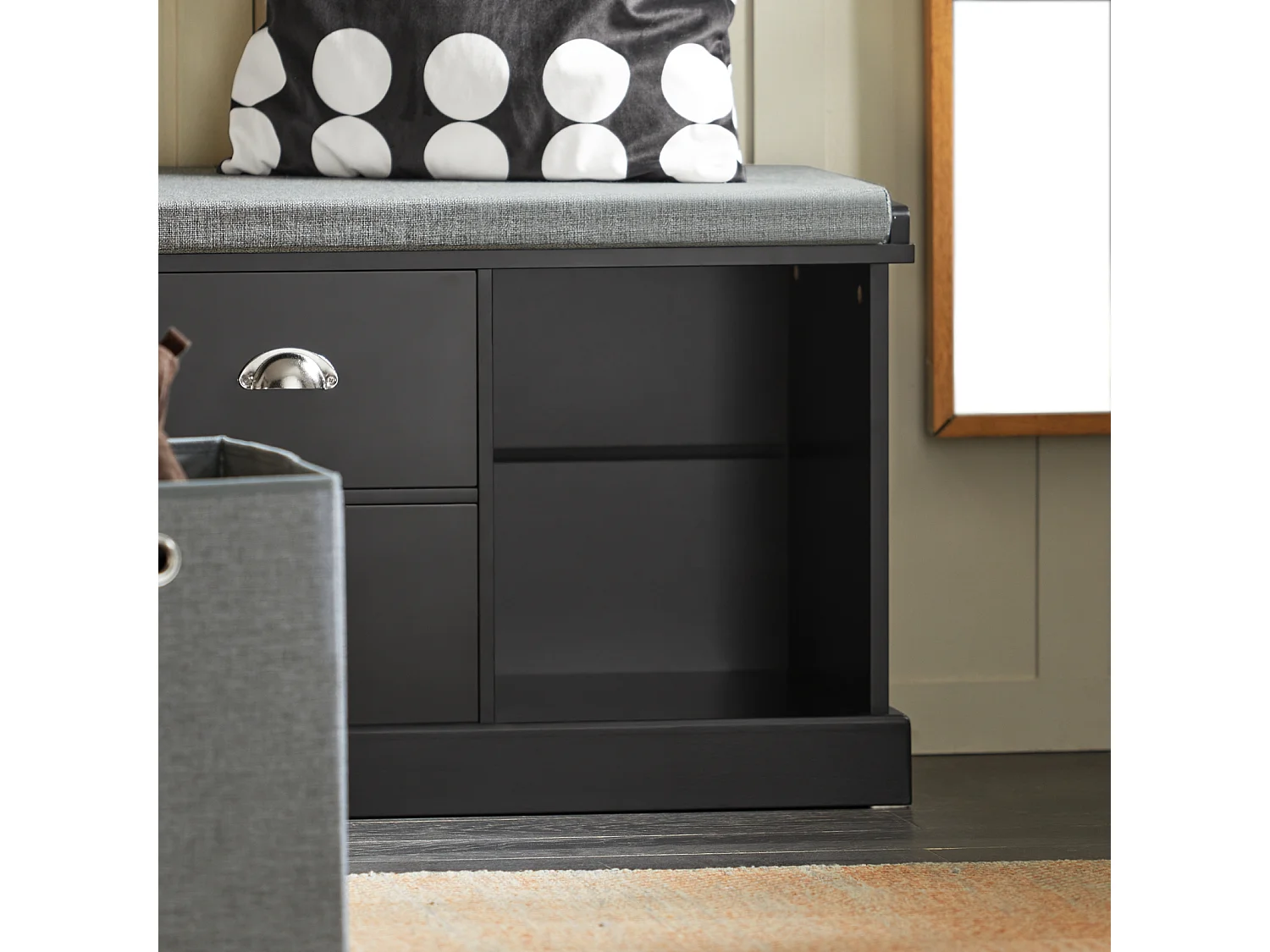 Banc de Rangement avec Coussin Rembourré, 2 Tiroirs et 2 Paniers Meuble Bas Entrée, FSR66-SCH