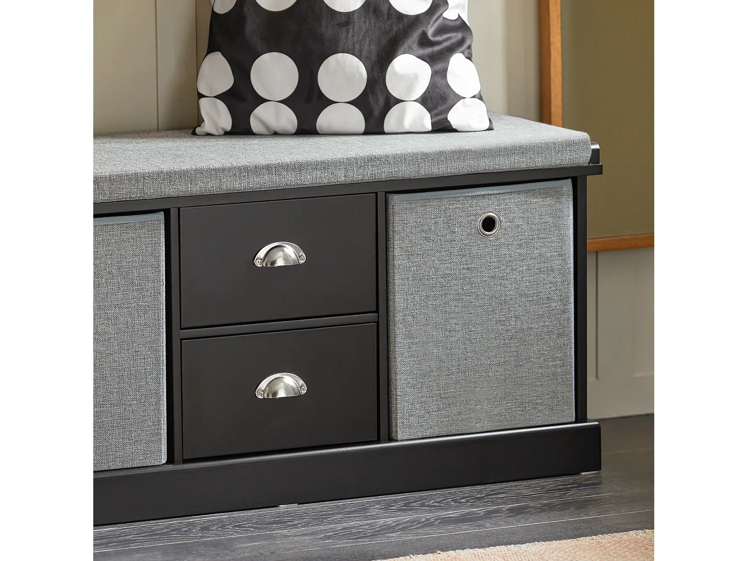 Banc de Rangement avec Coussin Rembourré, 2 Tiroirs et 2 Paniers Meuble Bas Entrée, FSR66-SCH