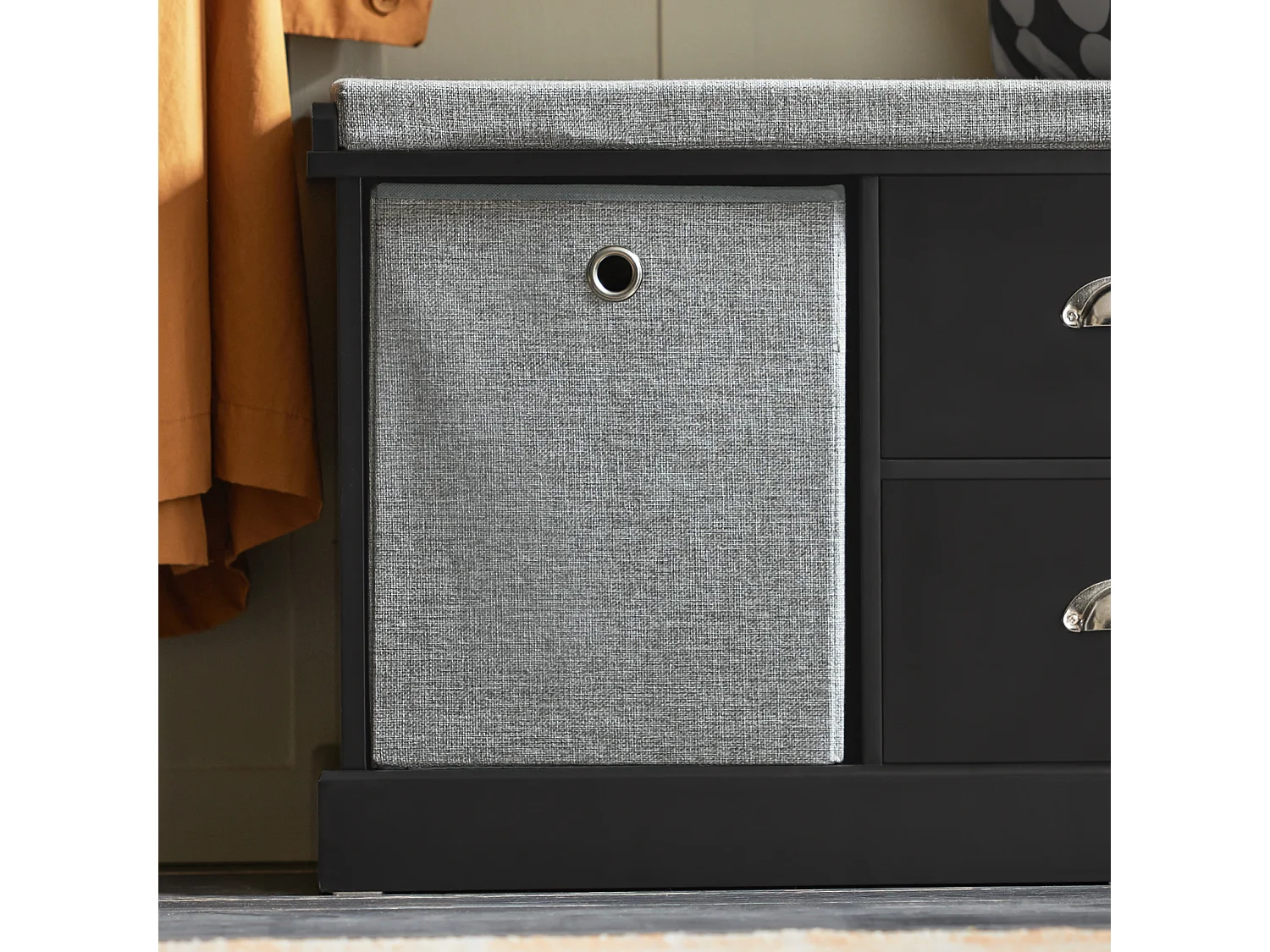 Banc de Rangement avec Coussin Rembourré, 2 Tiroirs et 2 Paniers Meuble Bas Entrée, FSR66-SCH