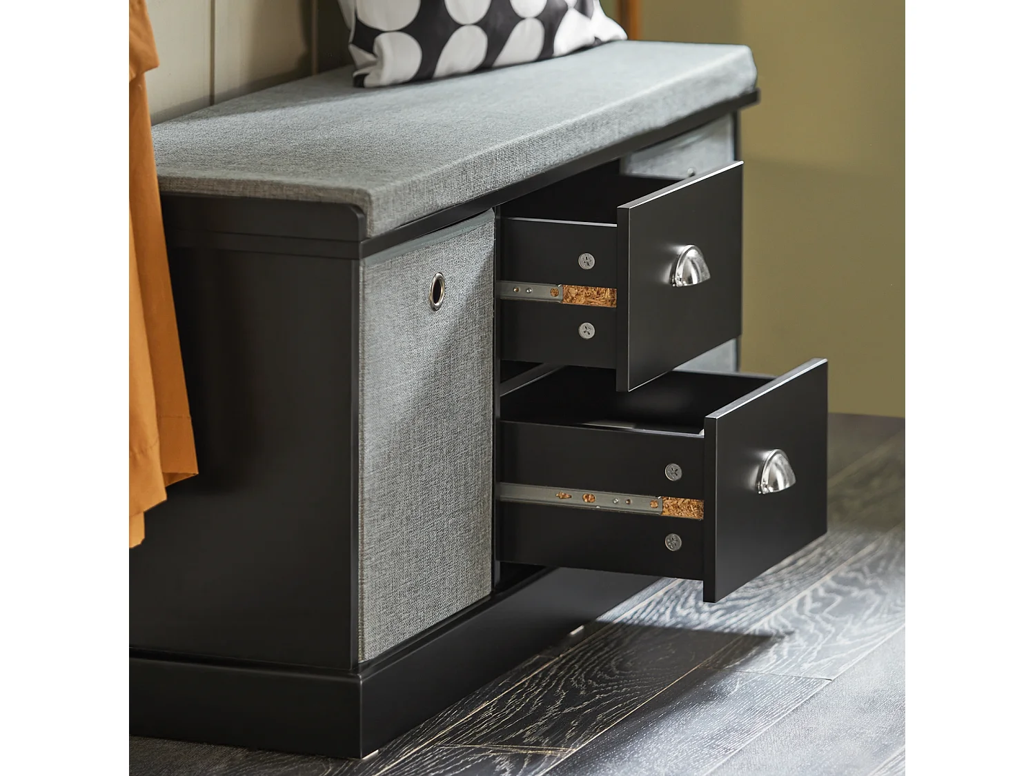 Banc de Rangement avec Coussin Rembourré, 2 Tiroirs et 2 Paniers Meuble Bas Entrée, FSR66-SCH