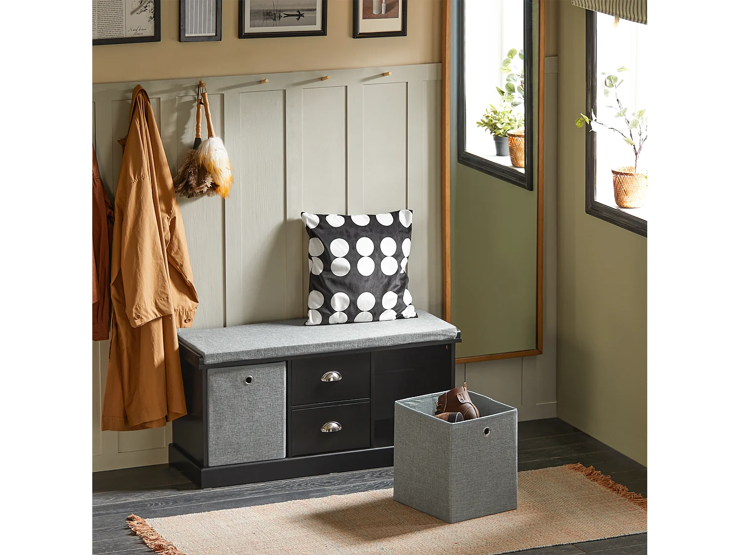 Banc de Rangement avec Coussin Rembourré, 2 Tiroirs et 2 Paniers Meuble Bas Entrée, FSR66-SCH