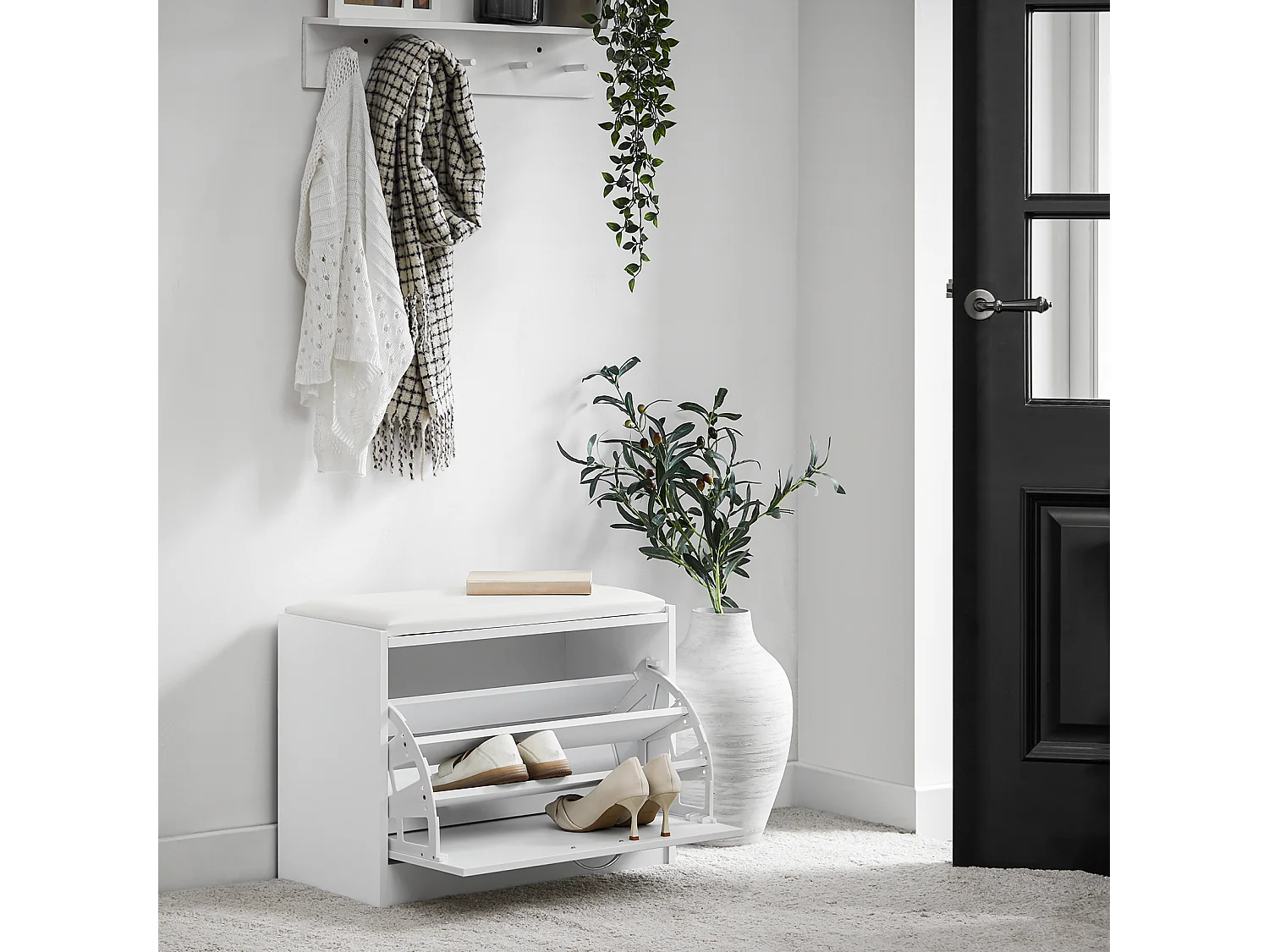 Banc Armoire à chaussures 1 abattant avec coussin, Coffre Rangement pour chaussures Blanc, FSR16-W